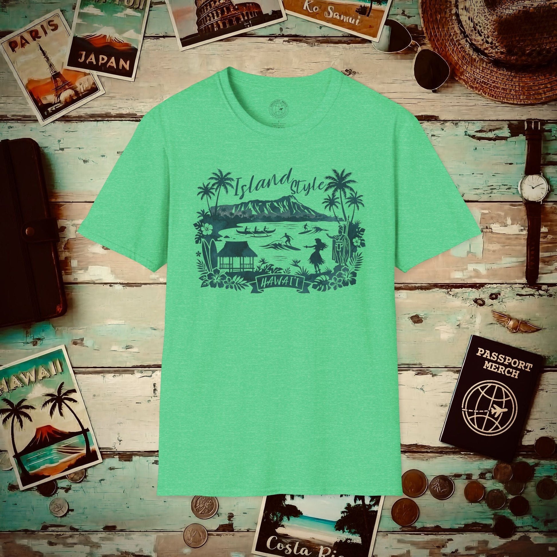 Island Style in Watercolor, Hawaii T-Shirt Heather Irish Green / S