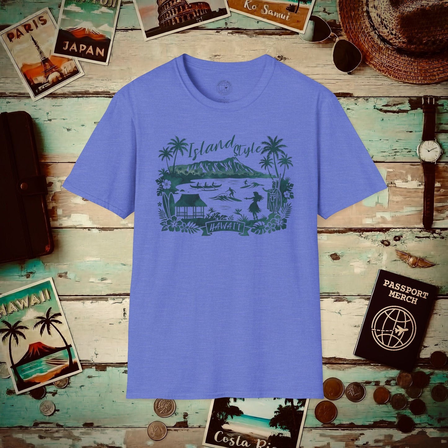 Island Style in Watercolor, Hawaii T-Shirt Heather Royal / S