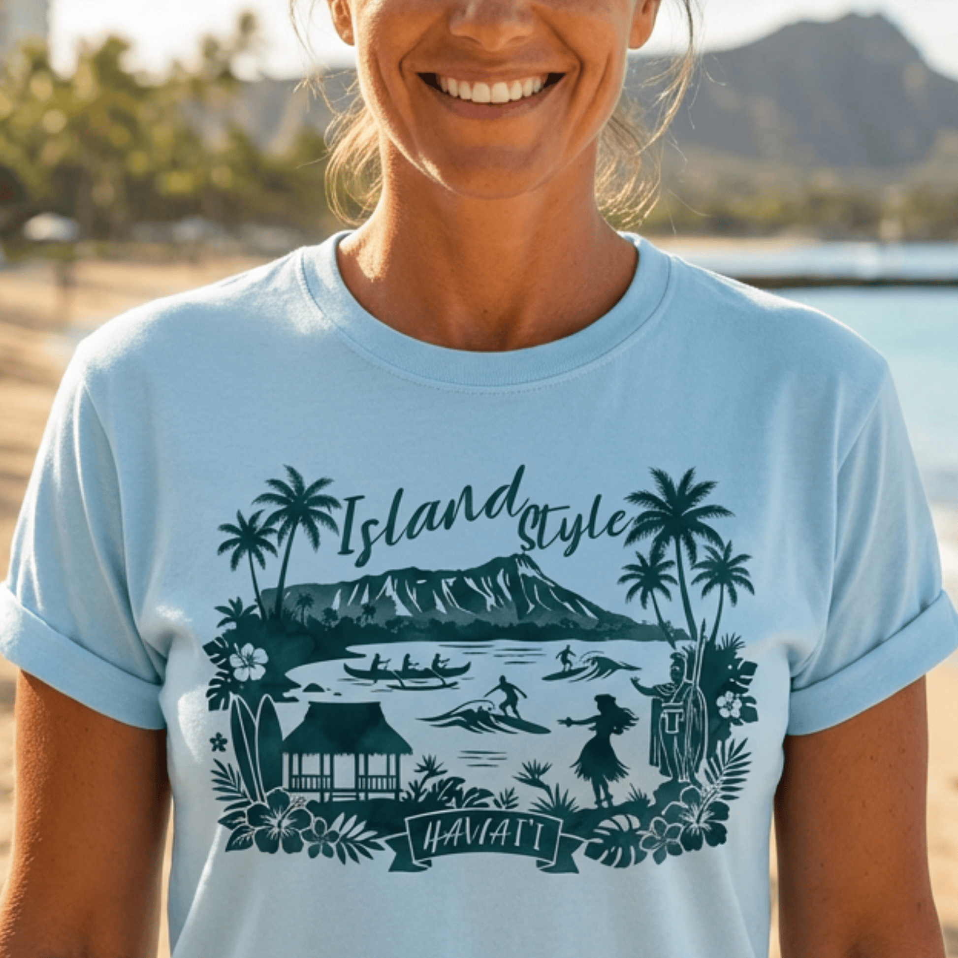 Island Style in Watercolor, Hawaii T-Shirt Light Blue / S
