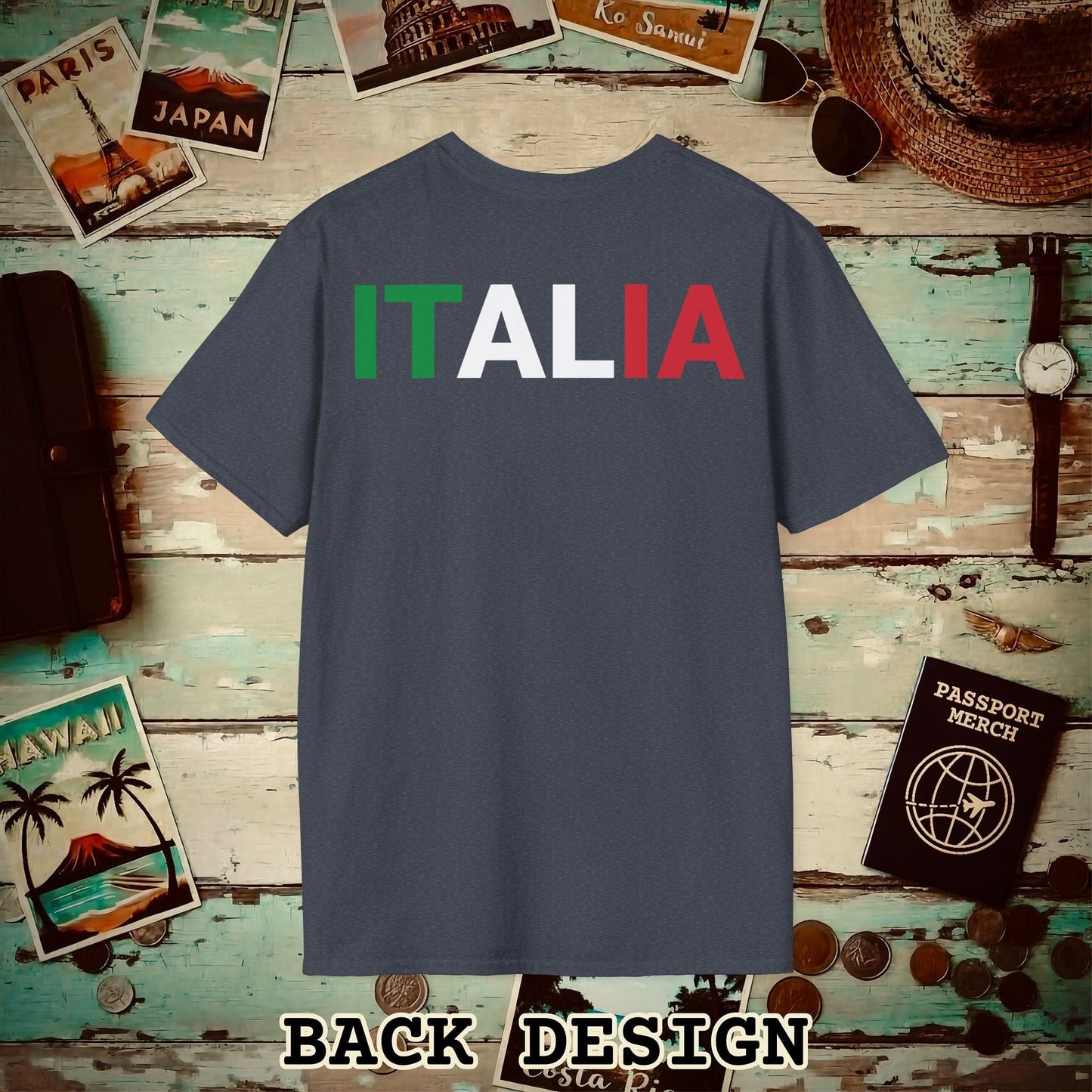 Italia Patriotism Italy Letter Flag Back Print T-Shirt Heather Navy / S