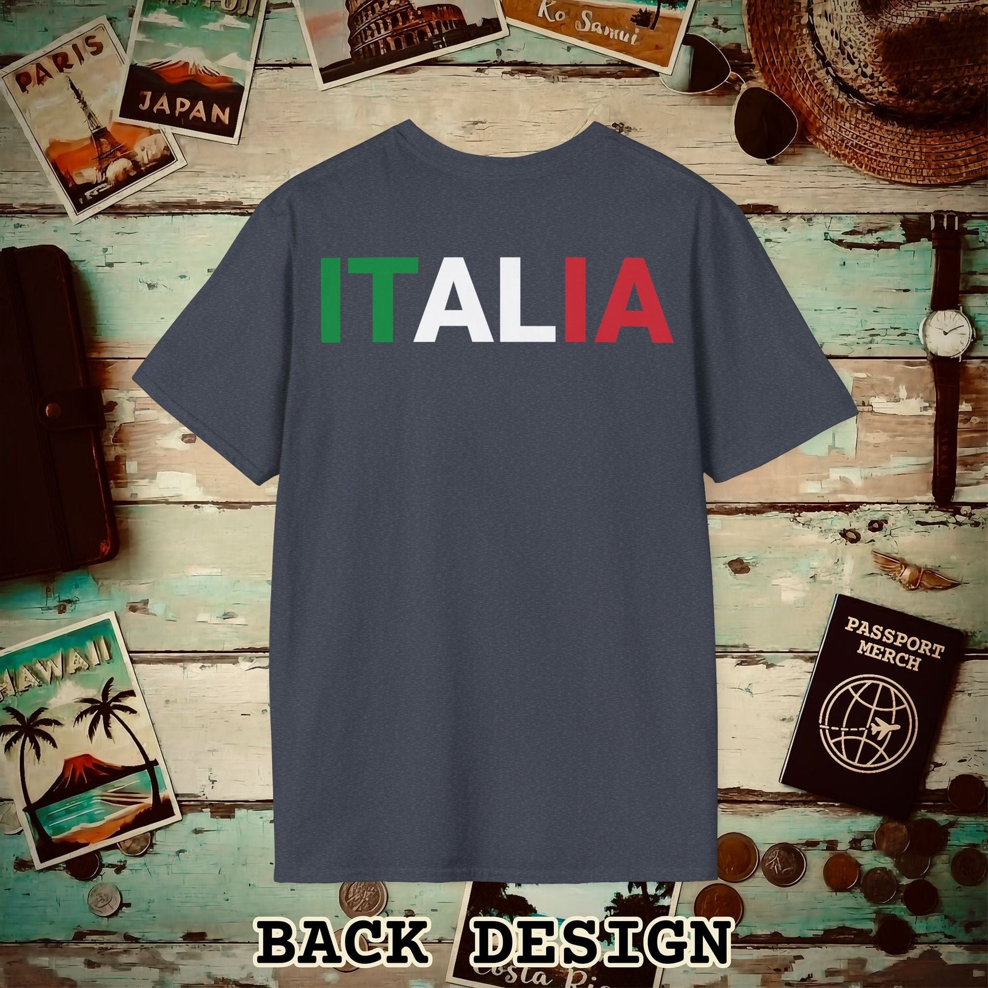 Italia Patriotism Italy Letter Flag Back Print T-Shirt Heather Navy / S
