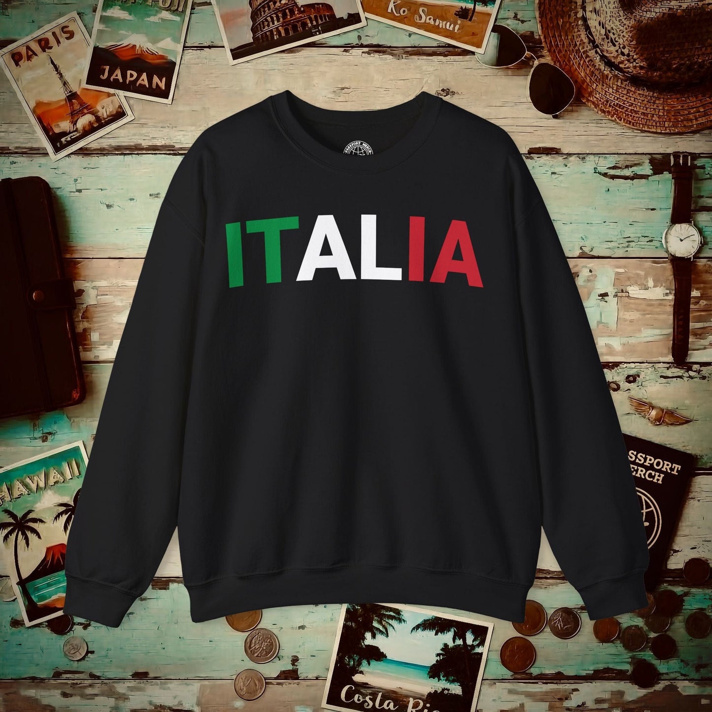 Italia Patriotism Italy Letter Flag Crewneck Black / S