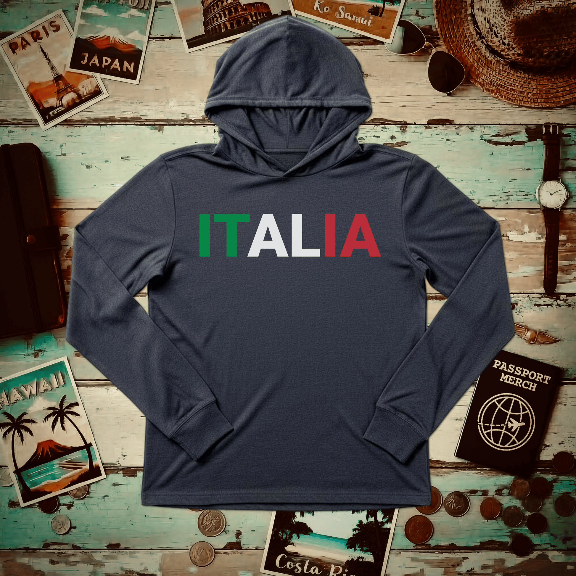 Italia Patriotism Italy Letter Flag Hooded Long Sleeve Heather Navy / XS