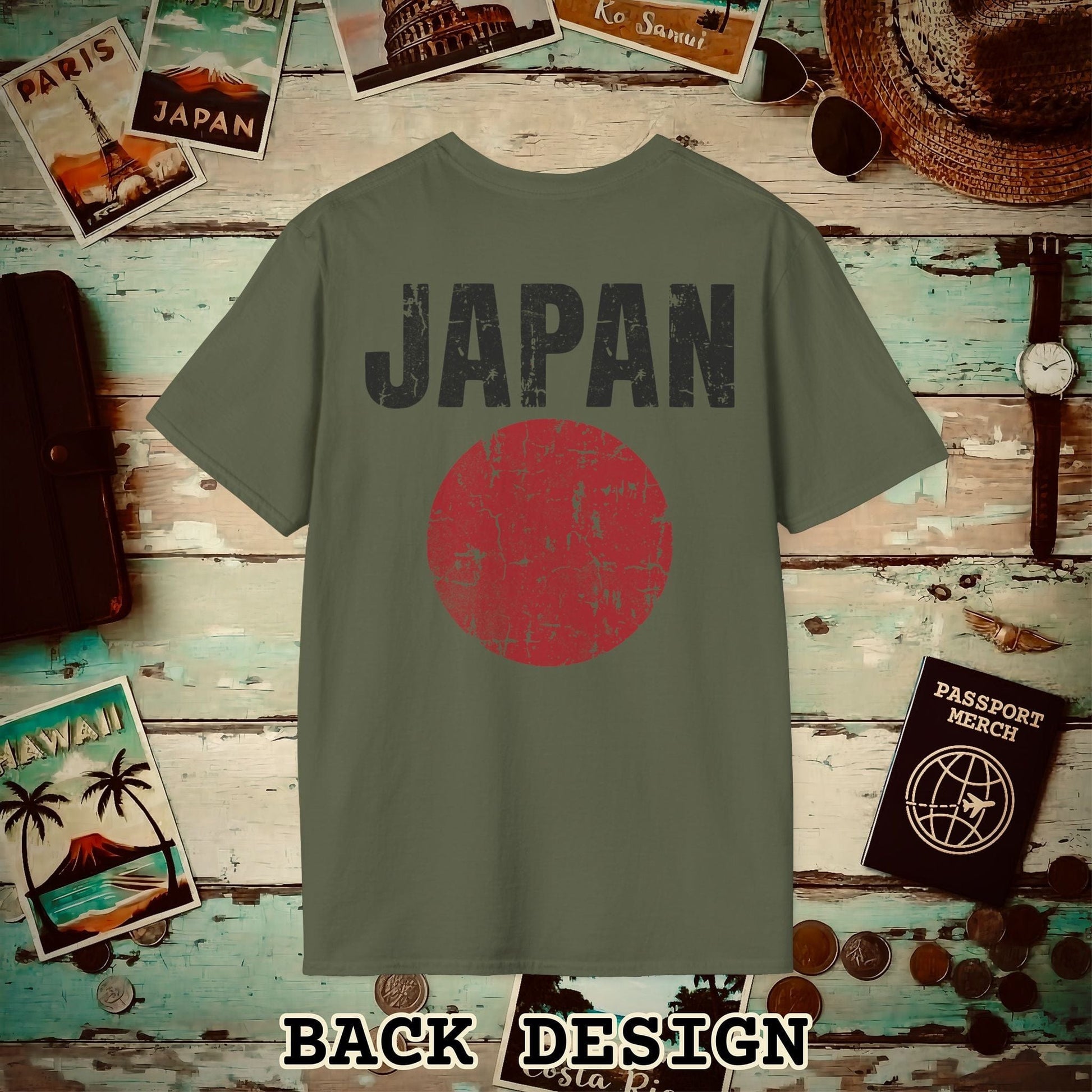 Japan Vintage Flag Back Print T-Shirt Military Green / S