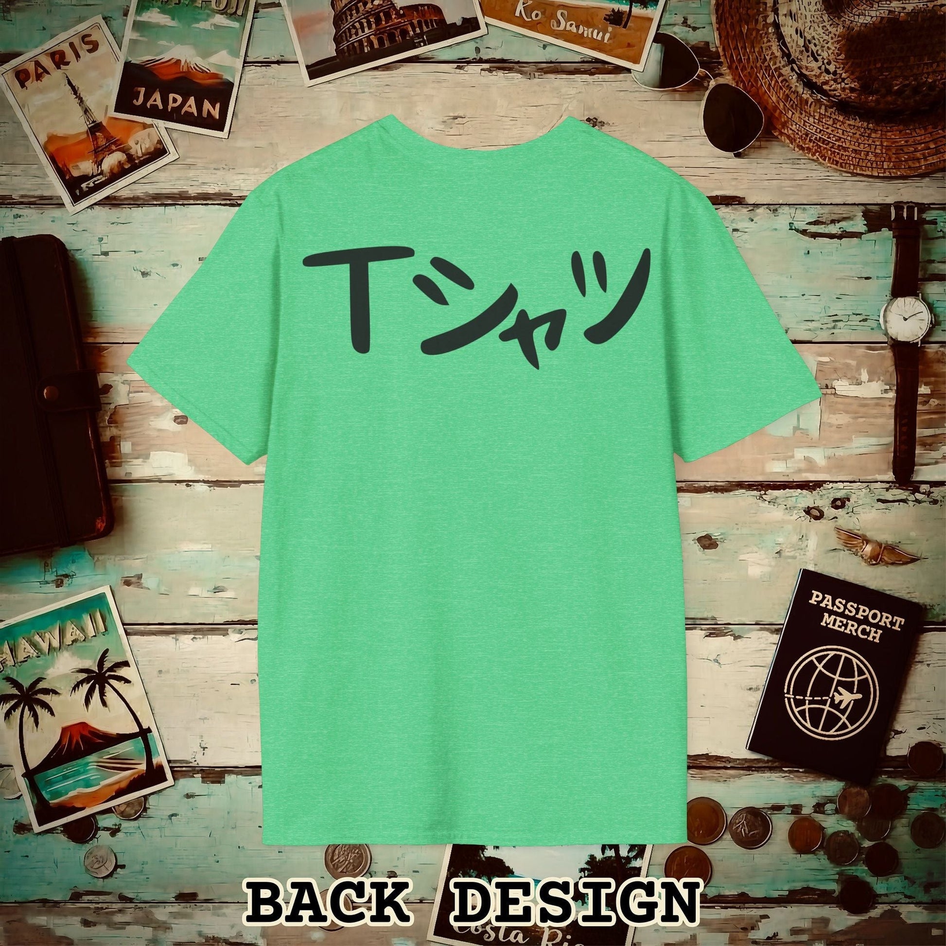 Japanese Language T-Shirt that says T-Shirt, Back Print Heather Irish Green / S
