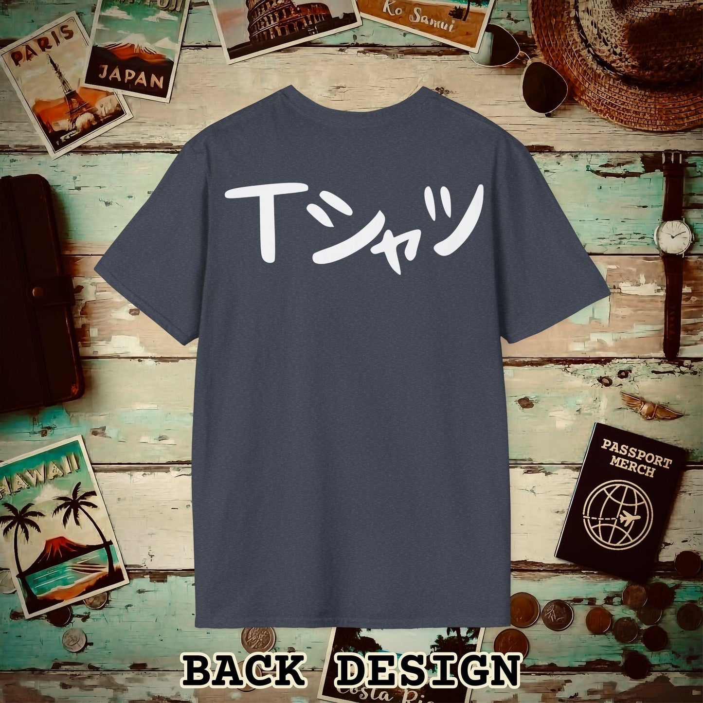 Japanese Language T-Shirt that says T-Shirt, Back Print Heather Navy / S