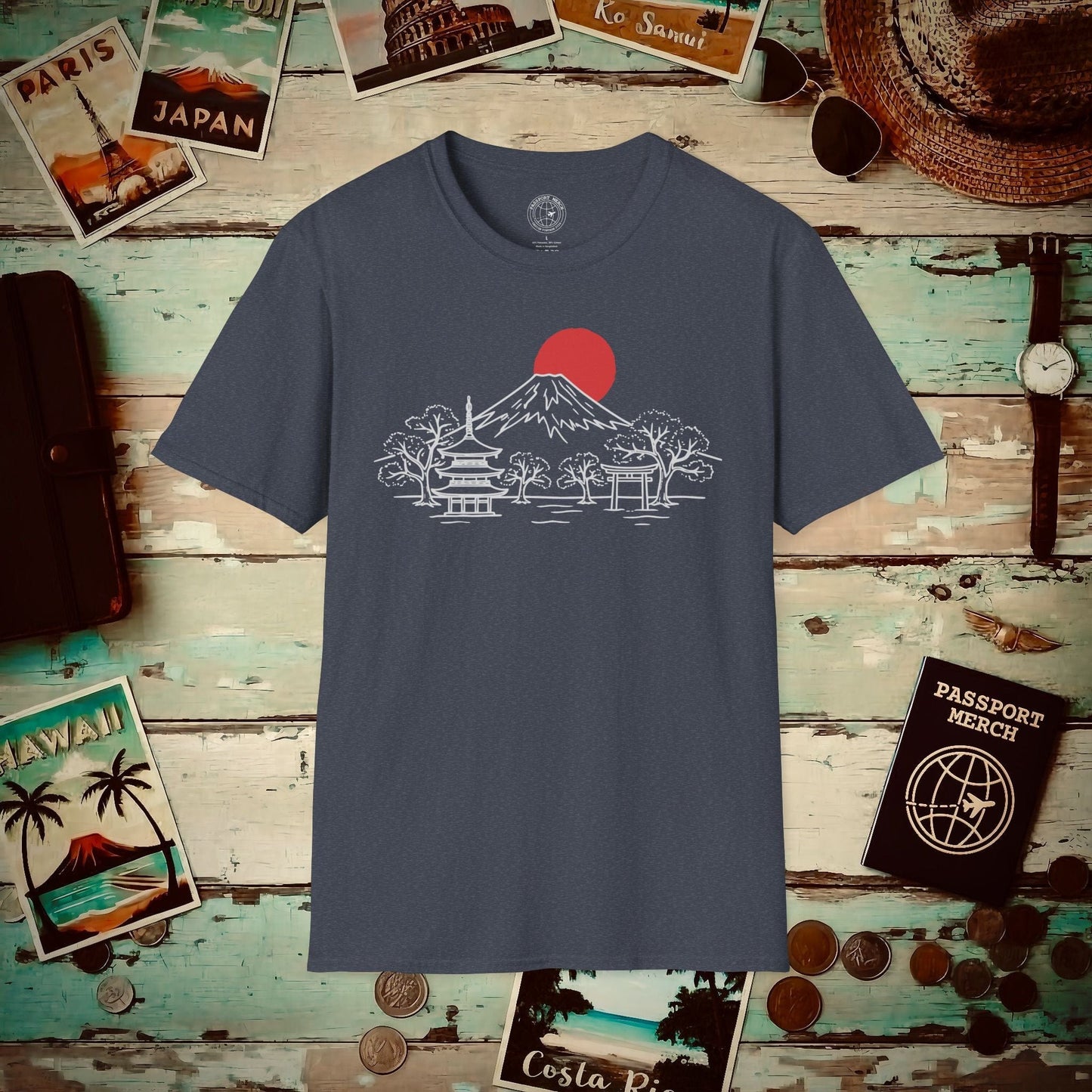 Japanese Sunrise Line Art T-Shirt Heather Navy / S