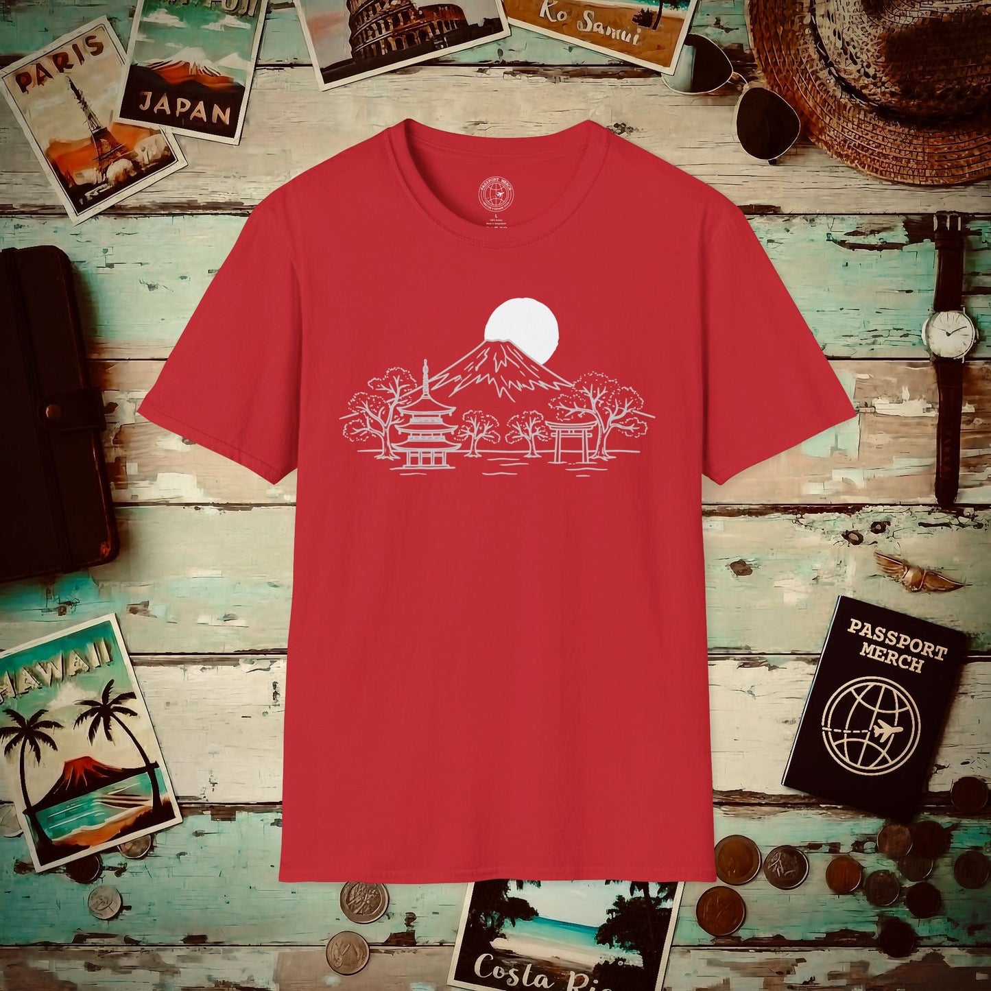 Japanese Sunrise Line Art T-Shirt Red / S