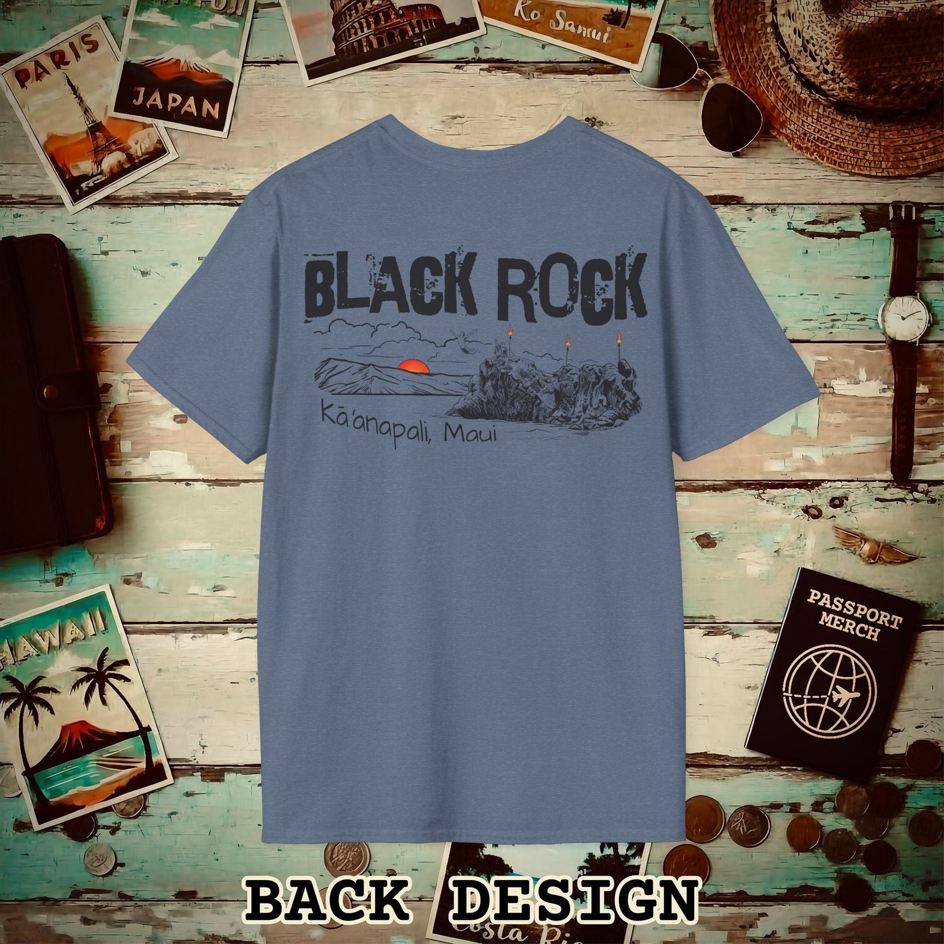 Kaanapali Maui Black Rock Jump, Hawaii Back Print T-Shirt Heather Indigo / S