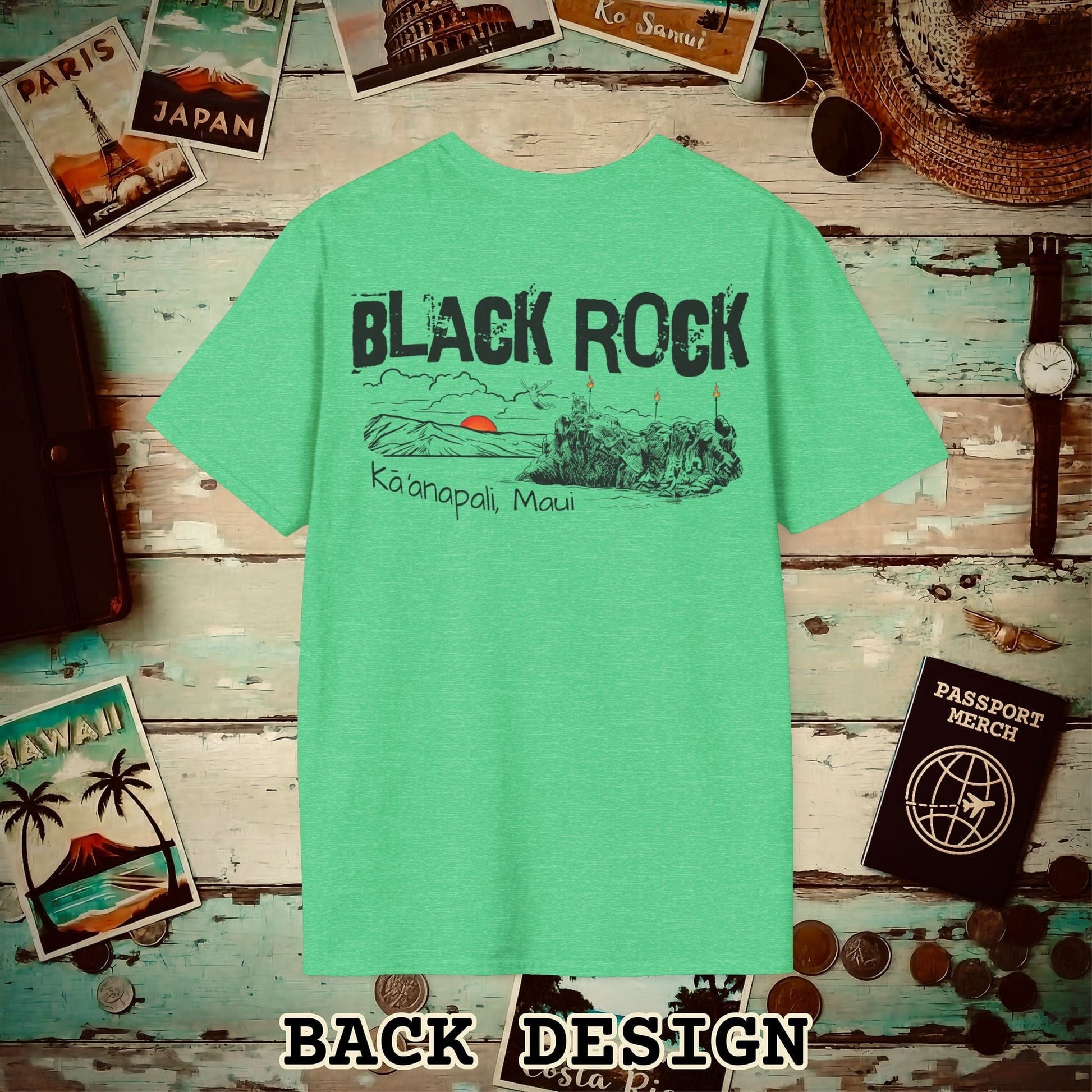 Kaanapali Maui Black Rock Jump, Hawaii Back Print T-Shirt Heather Irish Green / S
