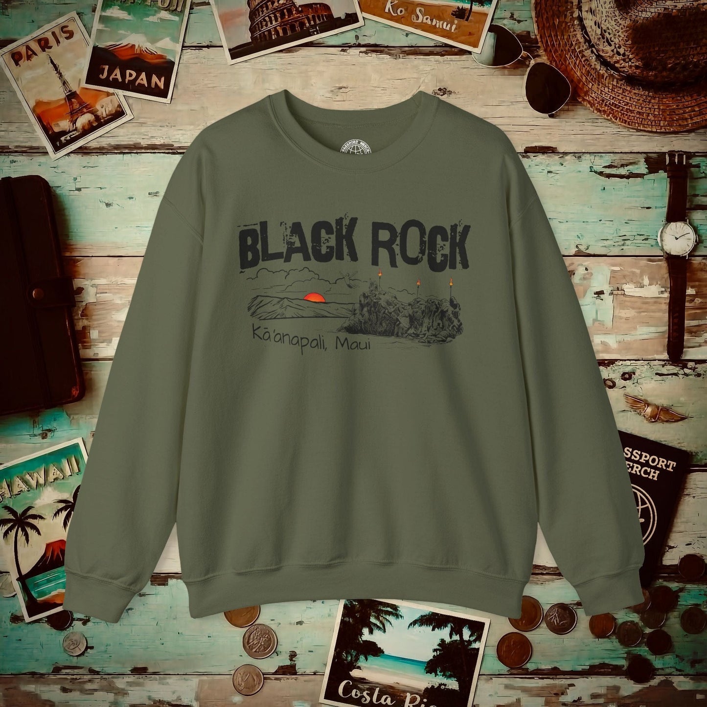Kaanapali Maui Black Rock Jump, Hawaii Crewneck Military Green / S