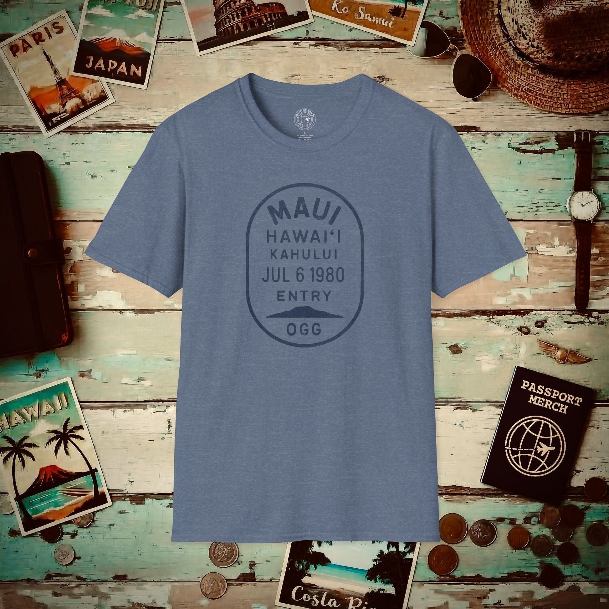 Kahului, Maui, Hawaii - Vintage Passport Stamp T-Shirt Heather Indigo / S