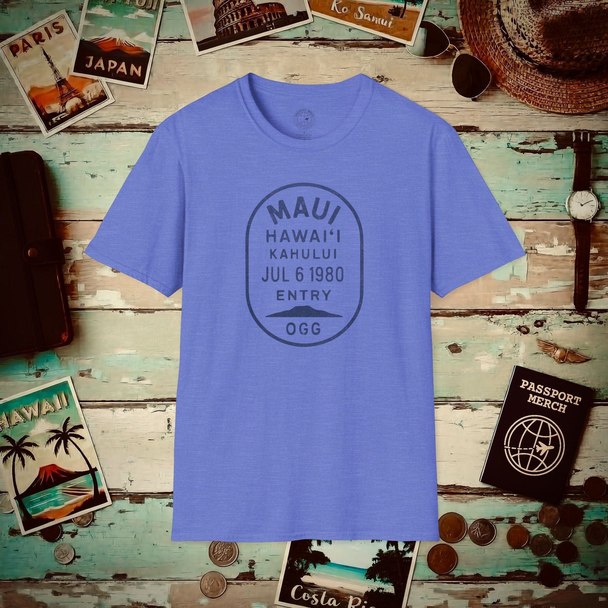 Kahului, Maui, Hawaii - Vintage Passport Stamp T-Shirt Heather Royal / S