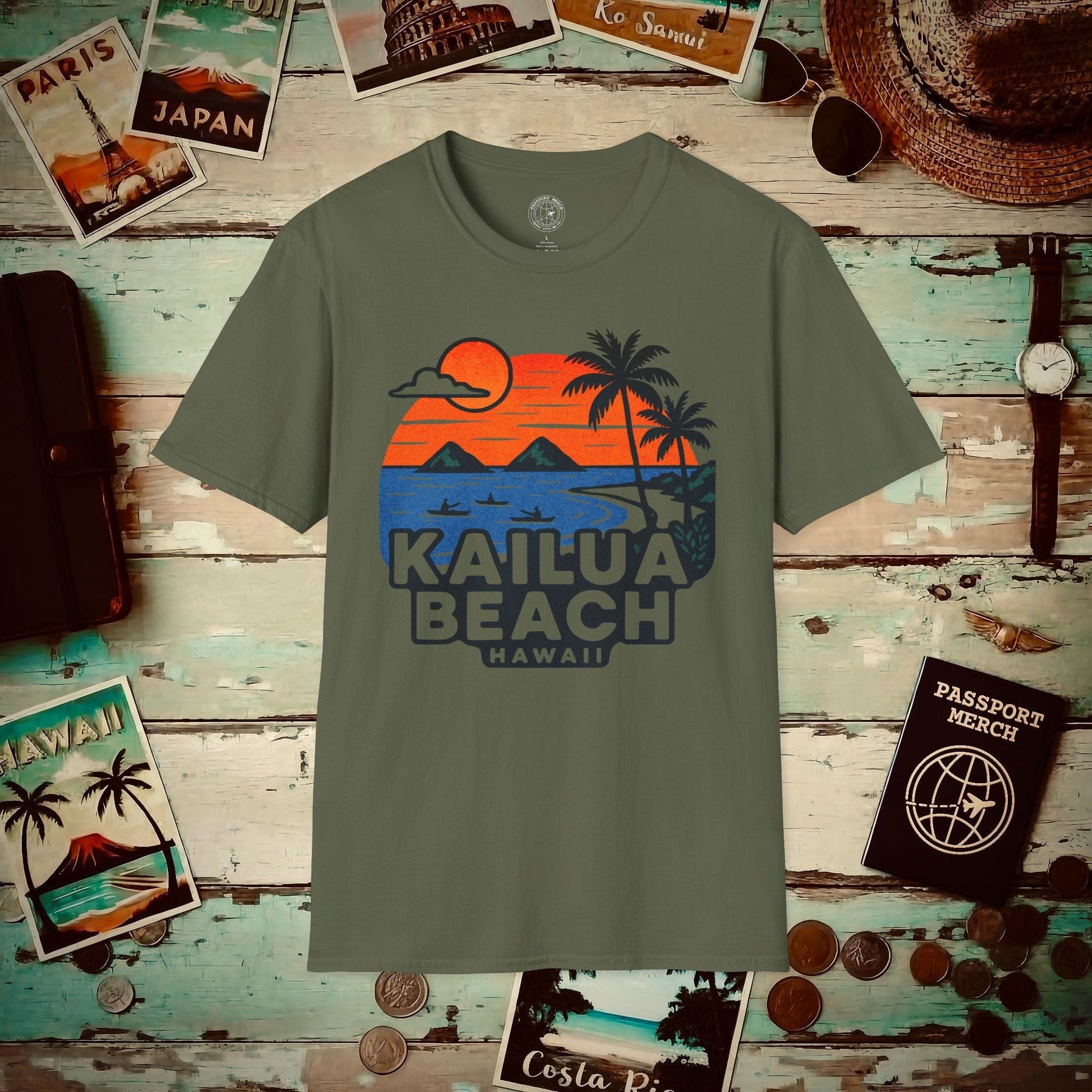 Kailua Beach, Hawaii - 80's Vintage T-Shirt Military Green / S