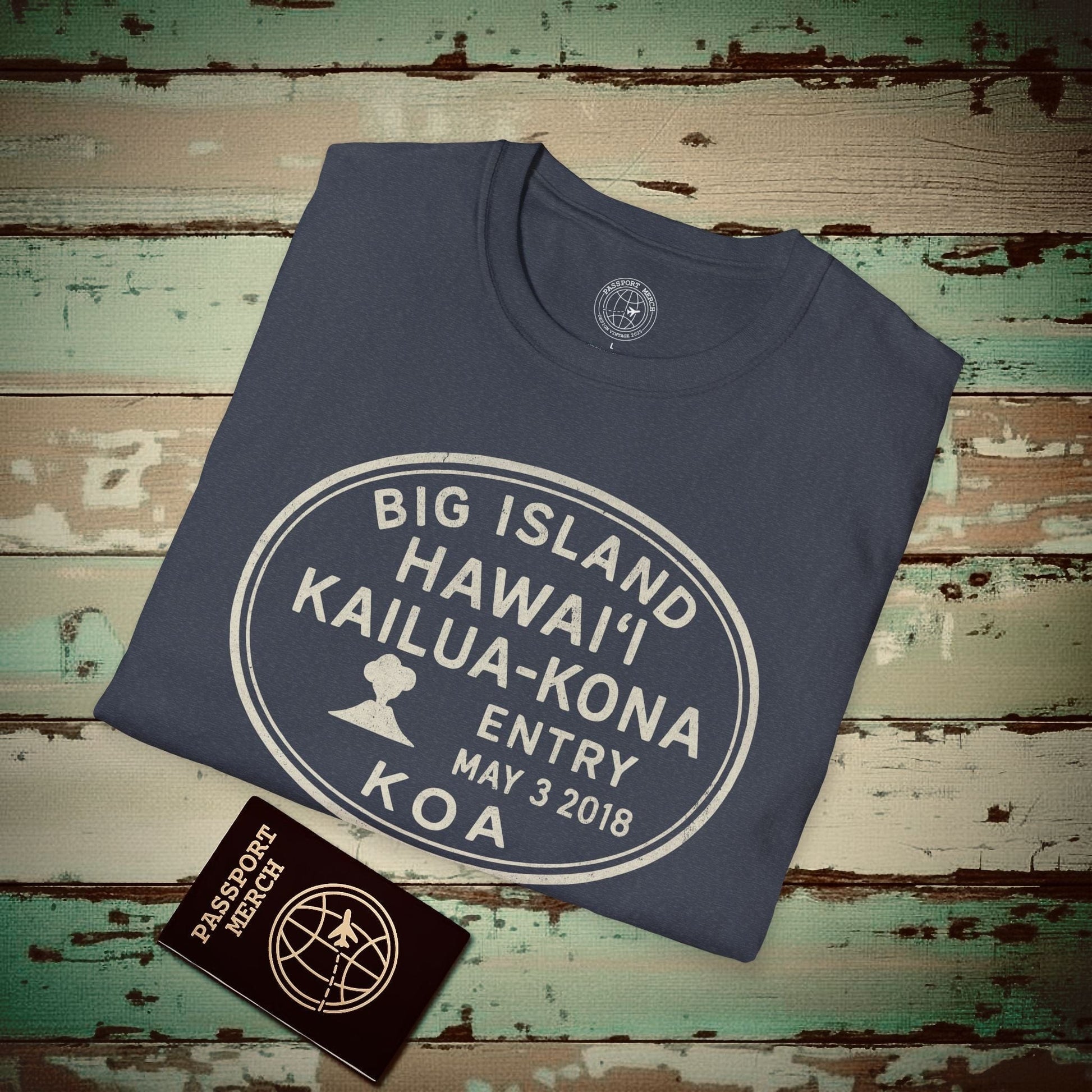 Kailua-Kona, Big Island, Hawaii - Vintage Passport Stamp T-Shirt Heather Navy / S