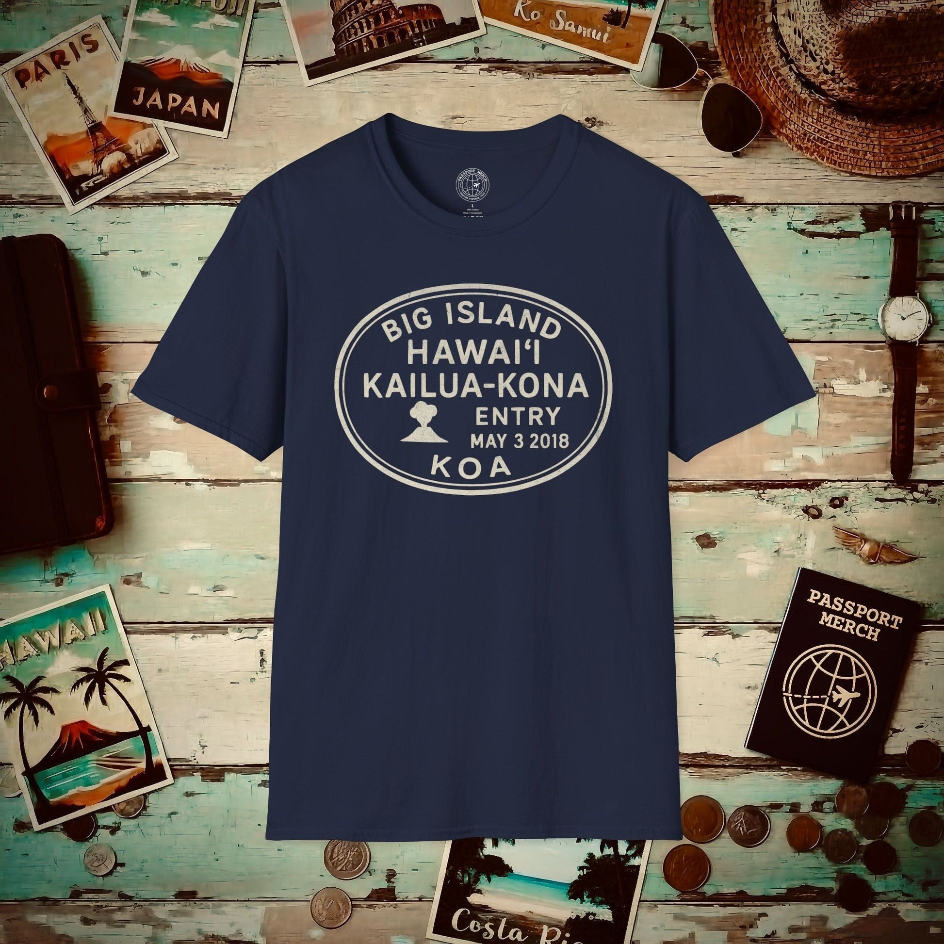 Kailua-Kona, Big Island, Hawaii - Vintage Passport Stamp T-Shirt Navy / S