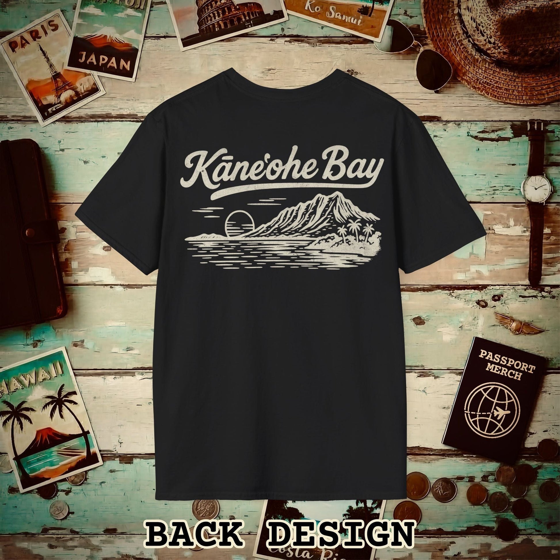 Kaneohe Bay Vintage Monochrome, Hawaii Back Print T-Shirt Black / S