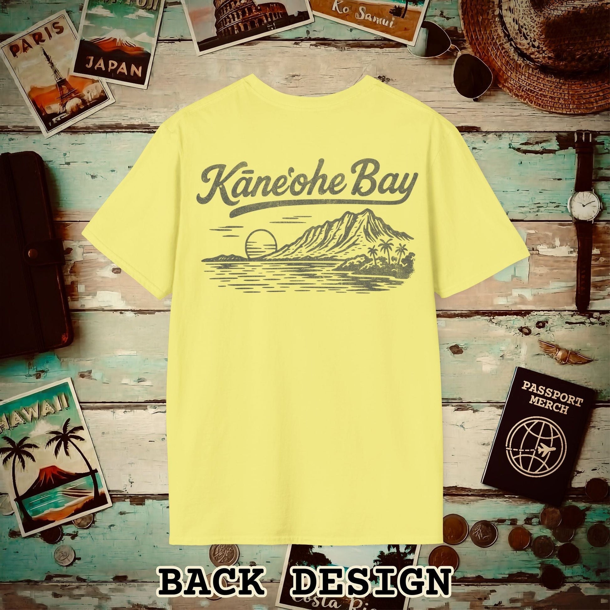 Kaneohe Bay Vintage Monochrome, Hawaii Back Print T-Shirt Cornsilk / S