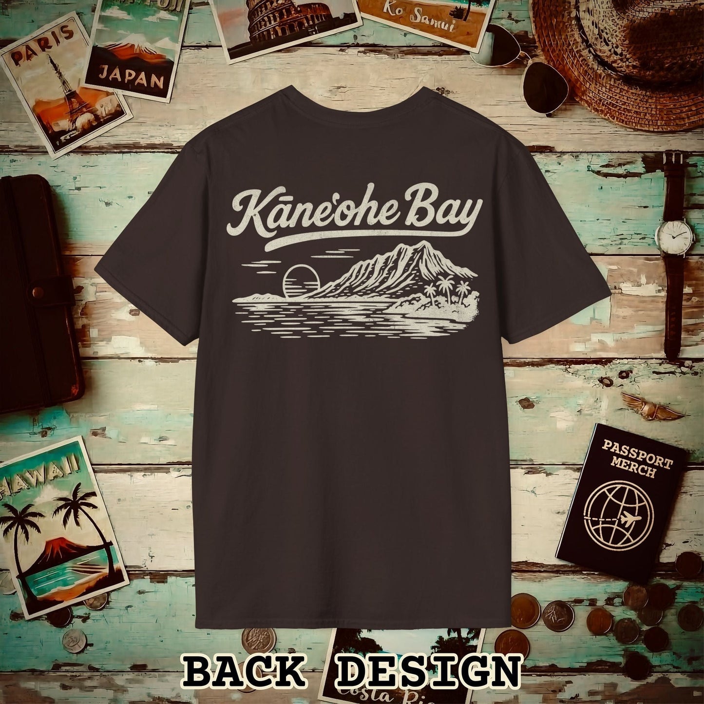 Kaneohe Bay Vintage Monochrome, Hawaii Back Print T-Shirt Dark Chocolate / S