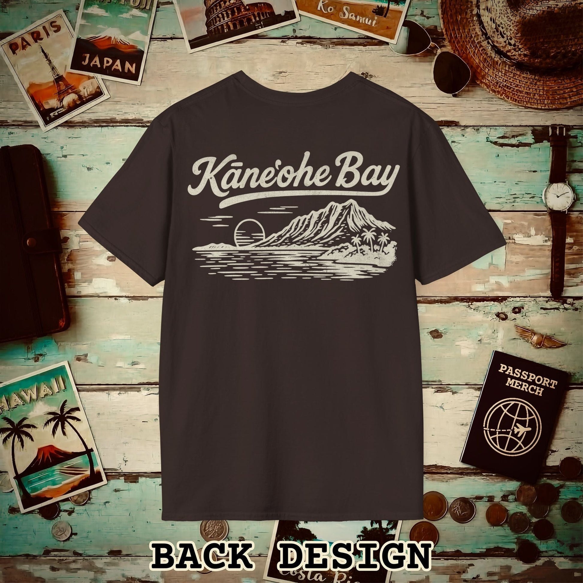 Kaneohe Bay Vintage Monochrome, Hawaii Back Print T-Shirt Dark Chocolate / S
