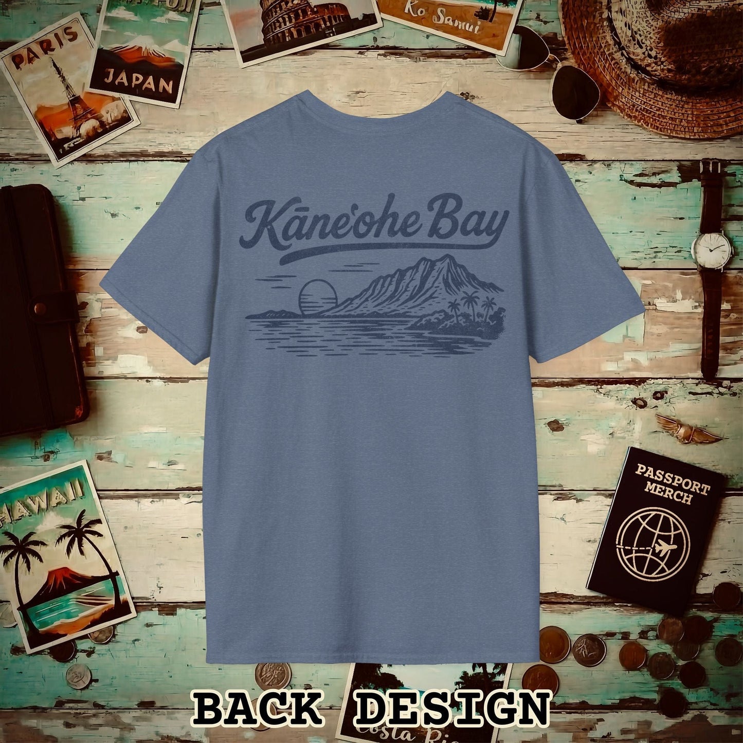 Kaneohe Bay Vintage Monochrome, Hawaii Back Print T-Shirt Heather Indigo / S