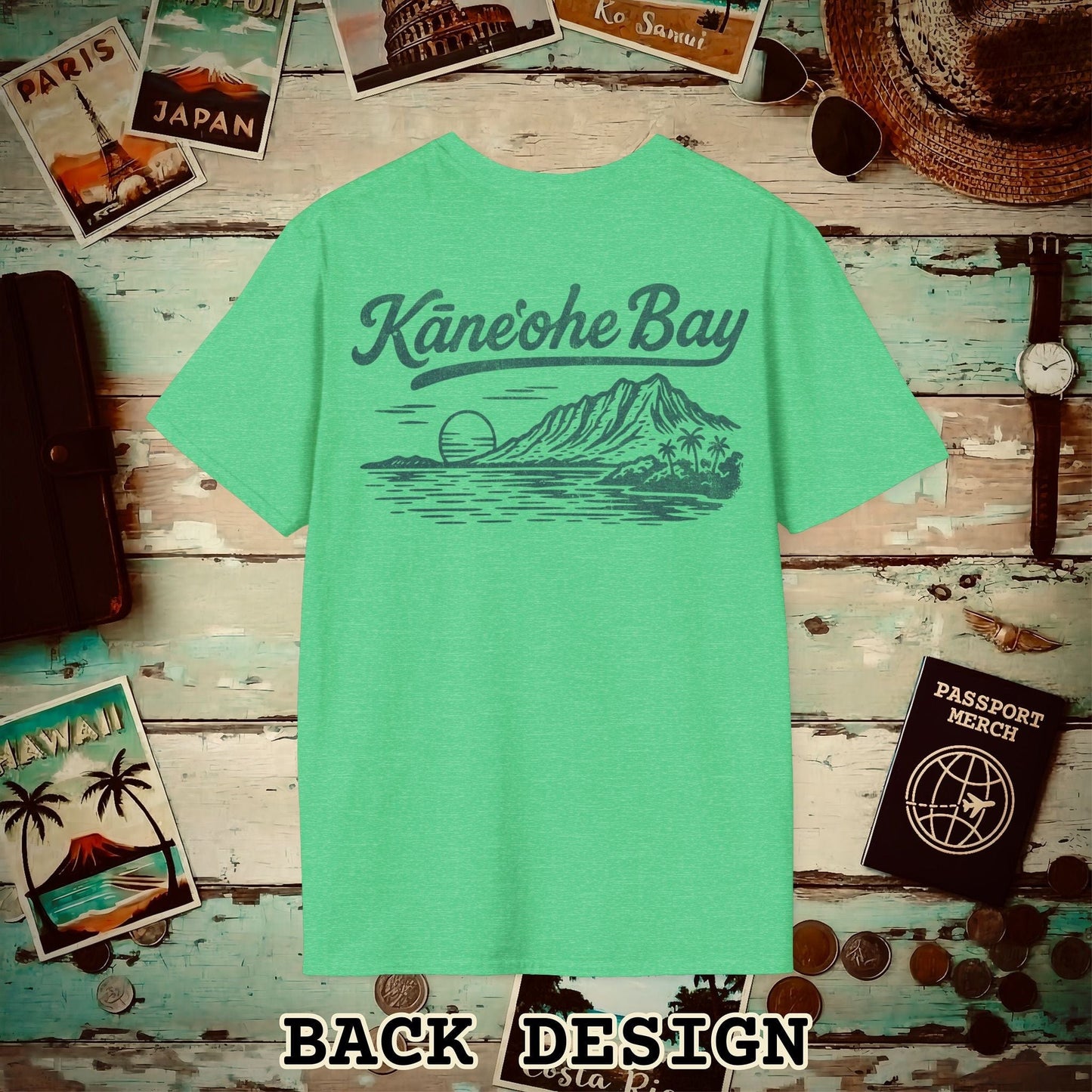 Kaneohe Bay Vintage Monochrome, Hawaii Back Print T-Shirt Heather Irish Green / S