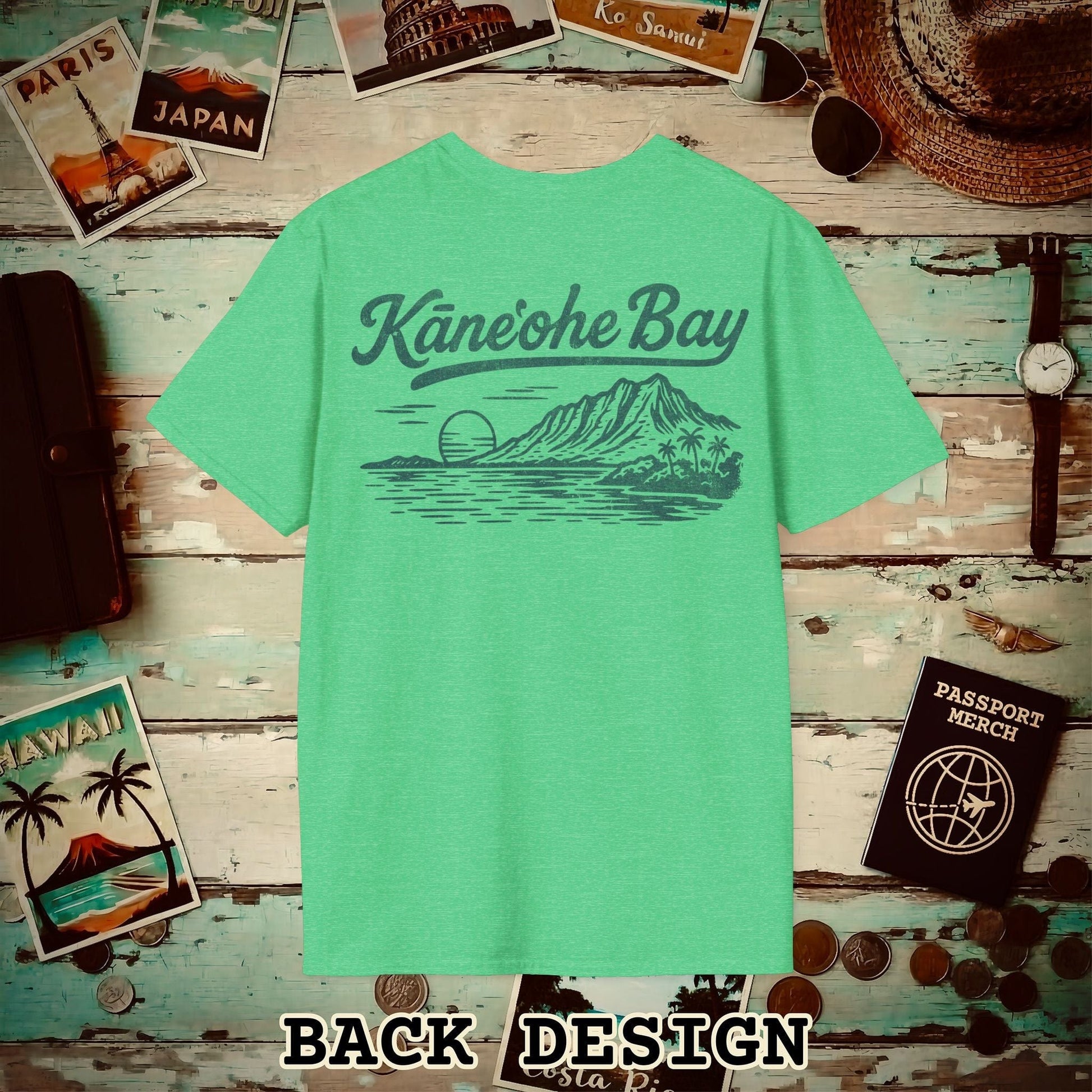 Kaneohe Bay Vintage Monochrome, Hawaii Back Print T-Shirt Heather Irish Green / S