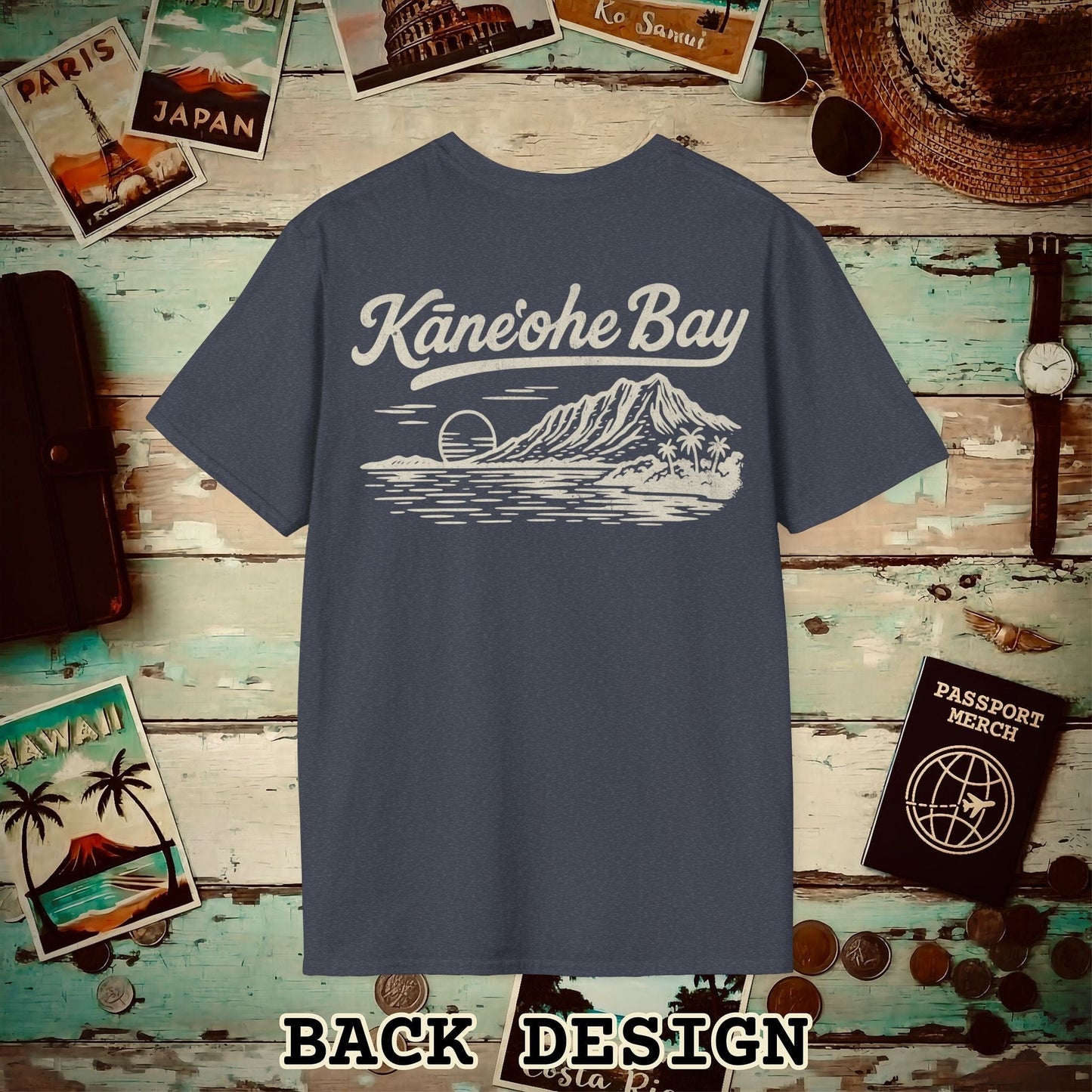 Kaneohe Bay Vintage Monochrome, Hawaii Back Print T-Shirt Heather Navy / S