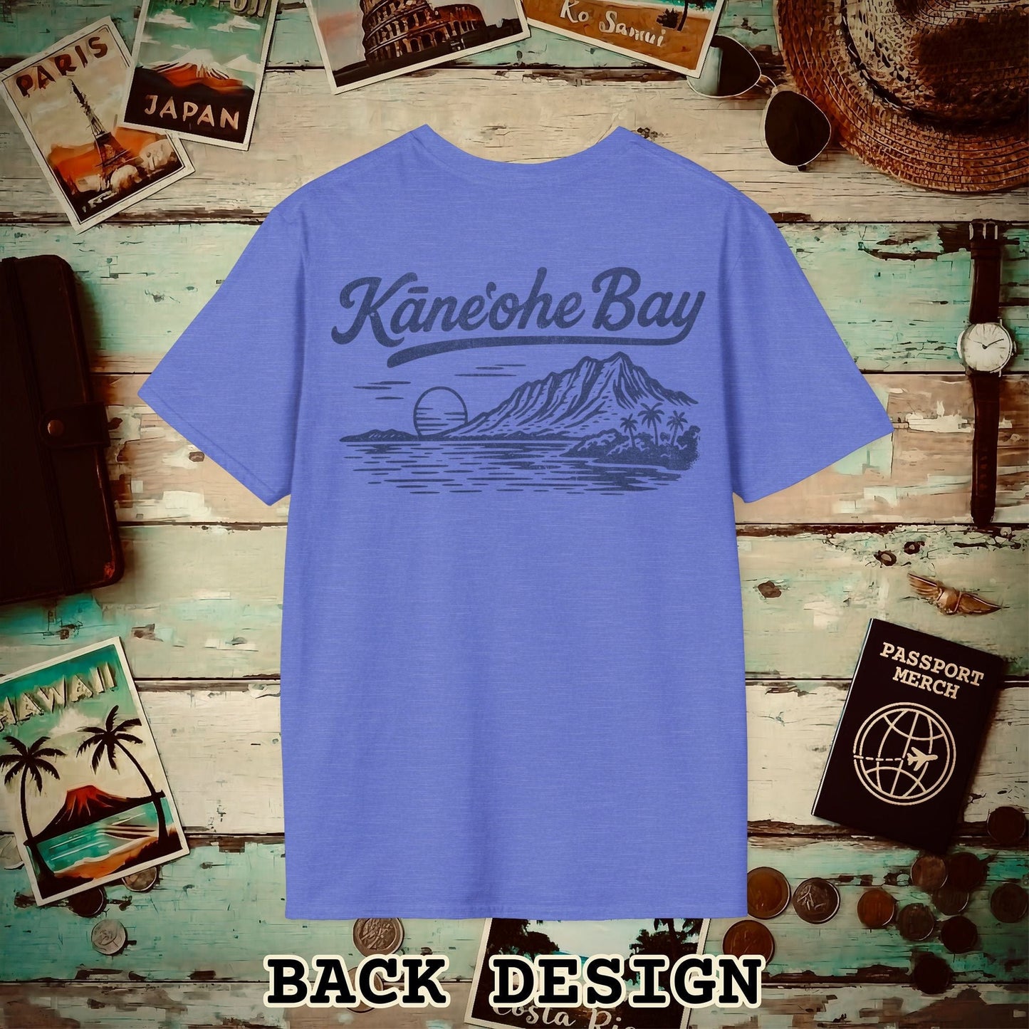 Kaneohe Bay Vintage Monochrome, Hawaii Back Print T-Shirt Heather Royal / S