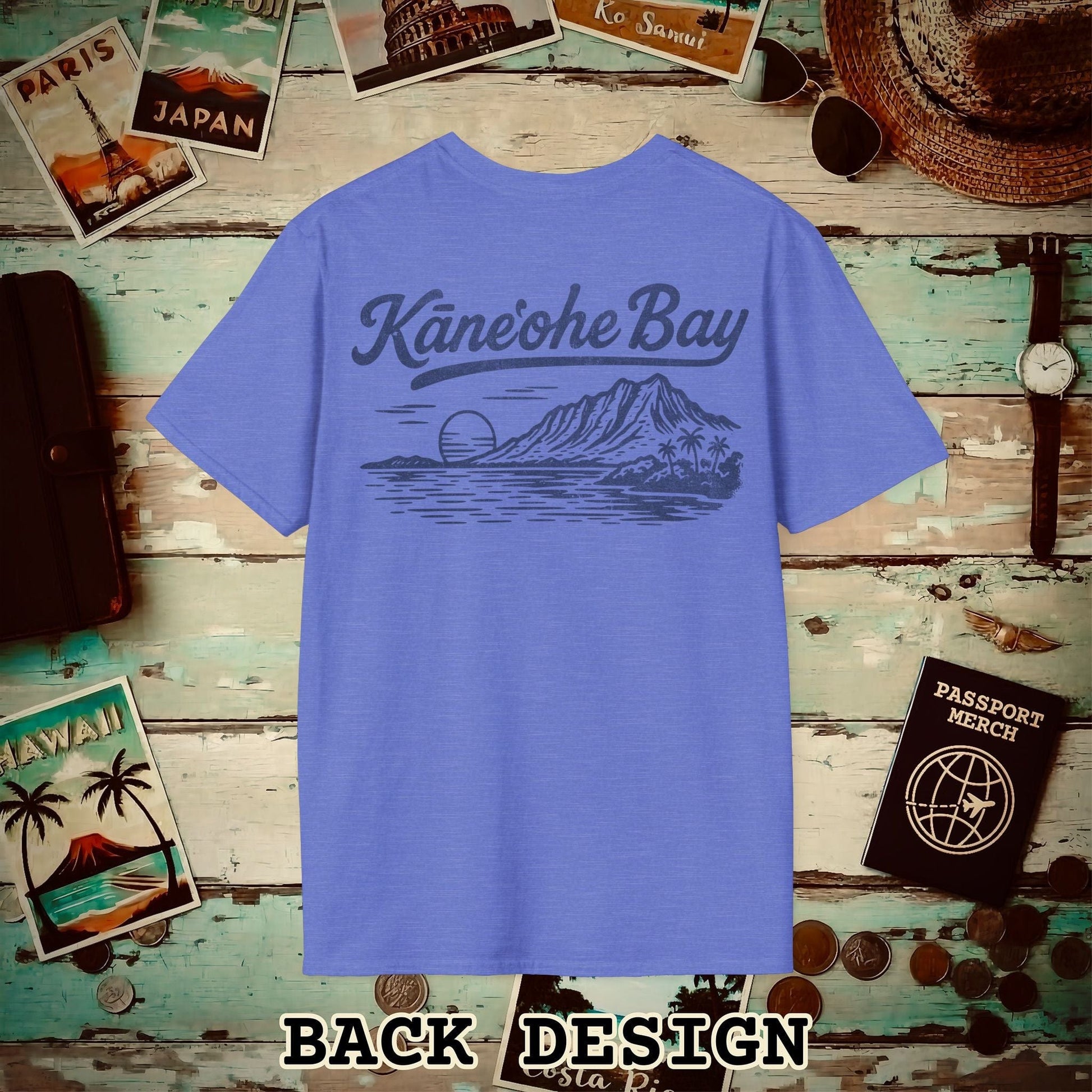 Kaneohe Bay Vintage Monochrome, Hawaii Back Print T-Shirt Heather Royal / S