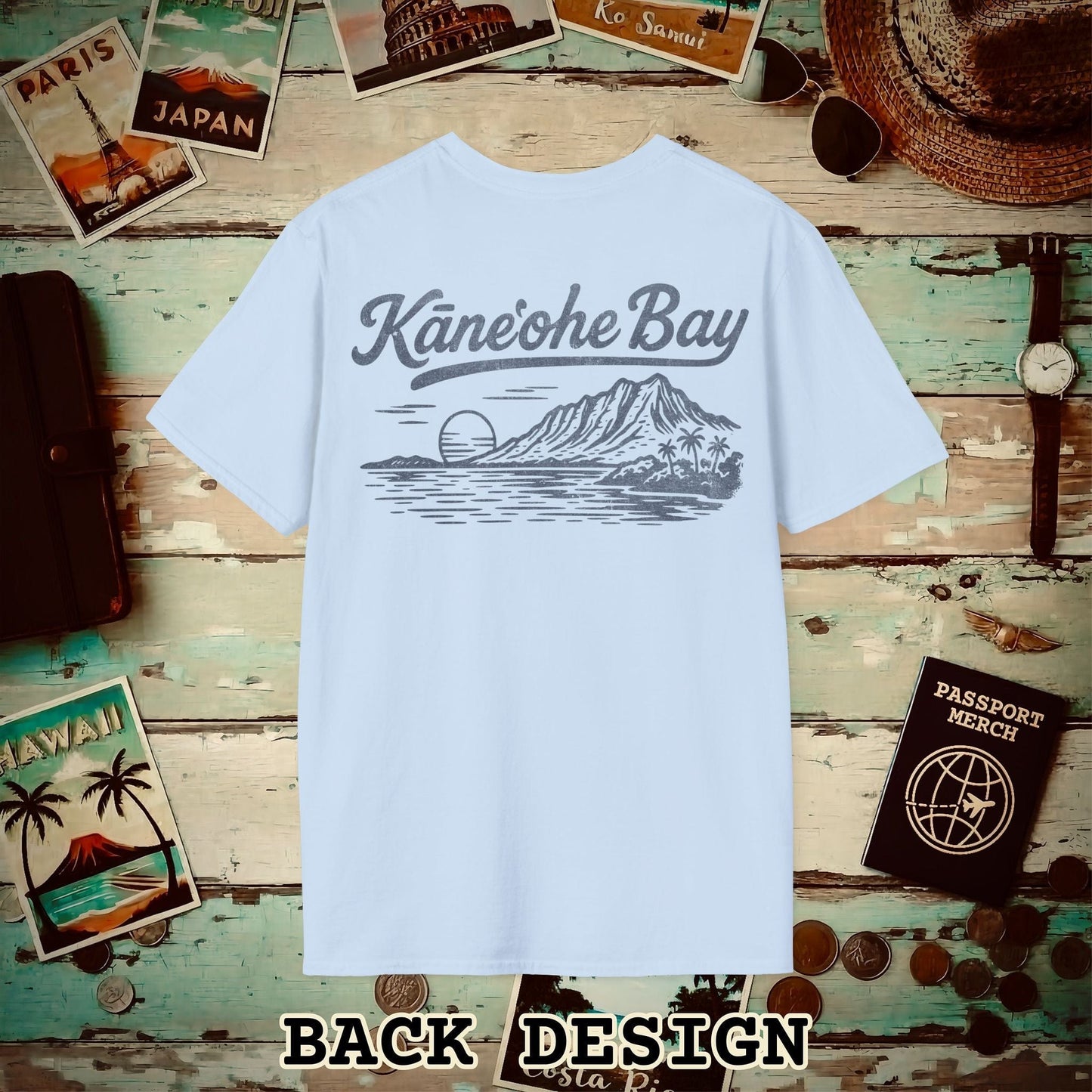Kaneohe Bay Vintage Monochrome, Hawaii Back Print T-Shirt Light Blue / S