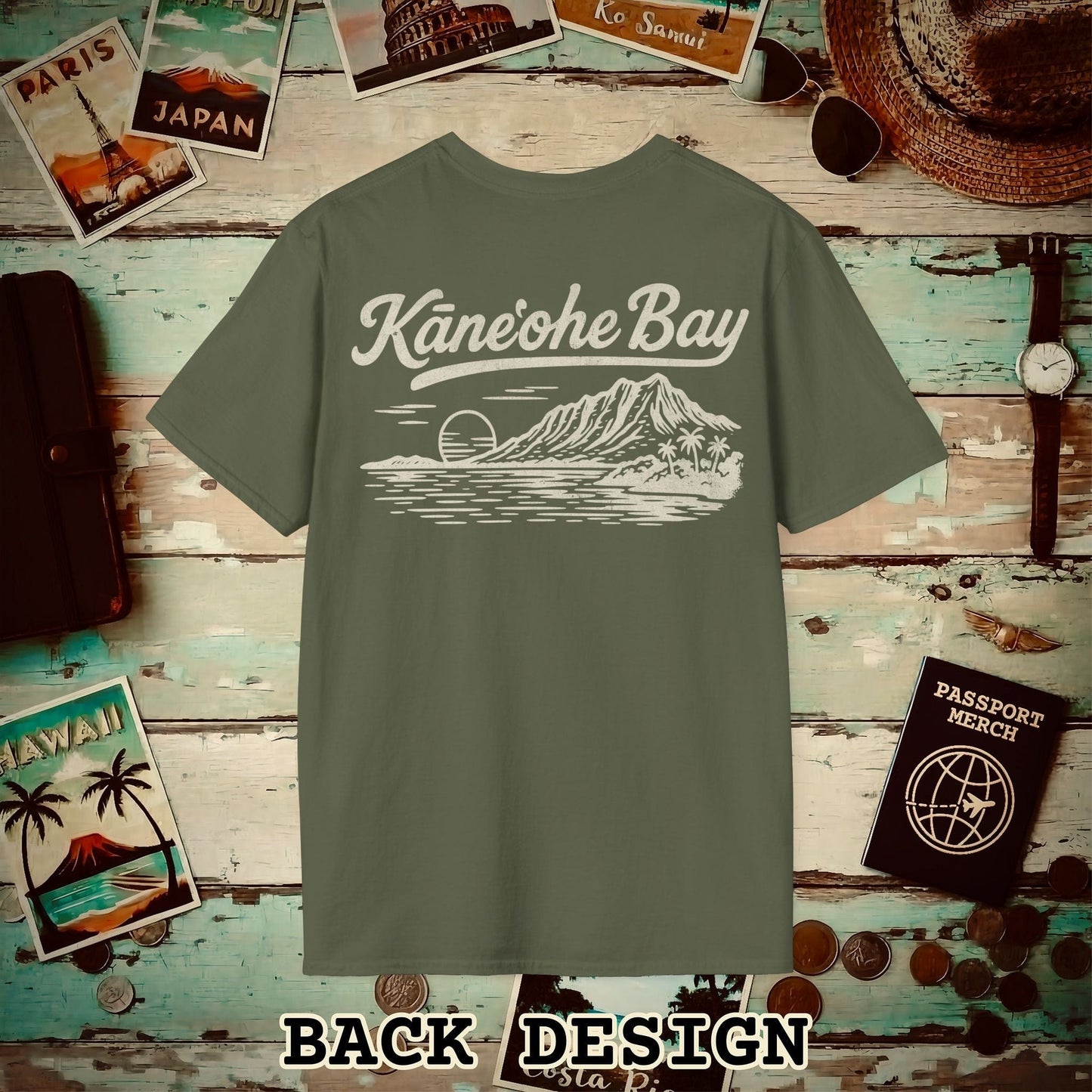 Kaneohe Bay Vintage Monochrome, Hawaii Back Print T-Shirt Military Green / S