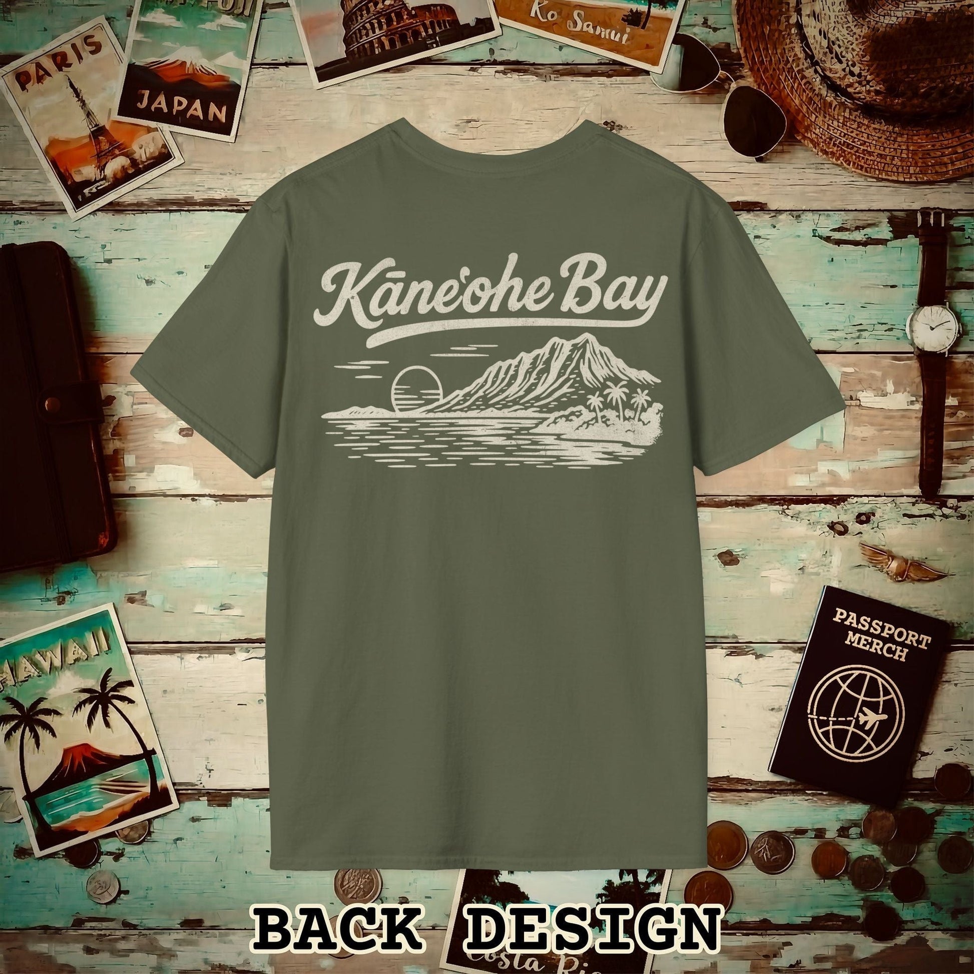 Kaneohe Bay Vintage Monochrome, Hawaii Back Print T-Shirt Military Green / S