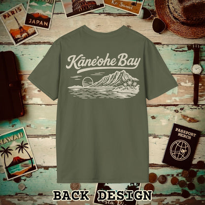 Kaneohe Bay Vintage Monochrome, Hawaii Back Print T-Shirt Military Green / S