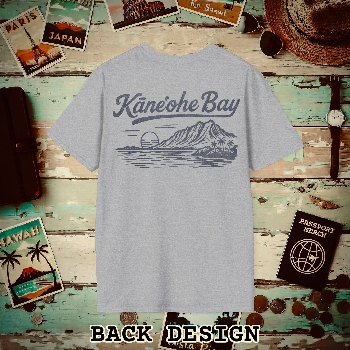 Kaneohe Bay Vintage Monochrome, Hawaii Back Print T-Shirt Sport Grey / S