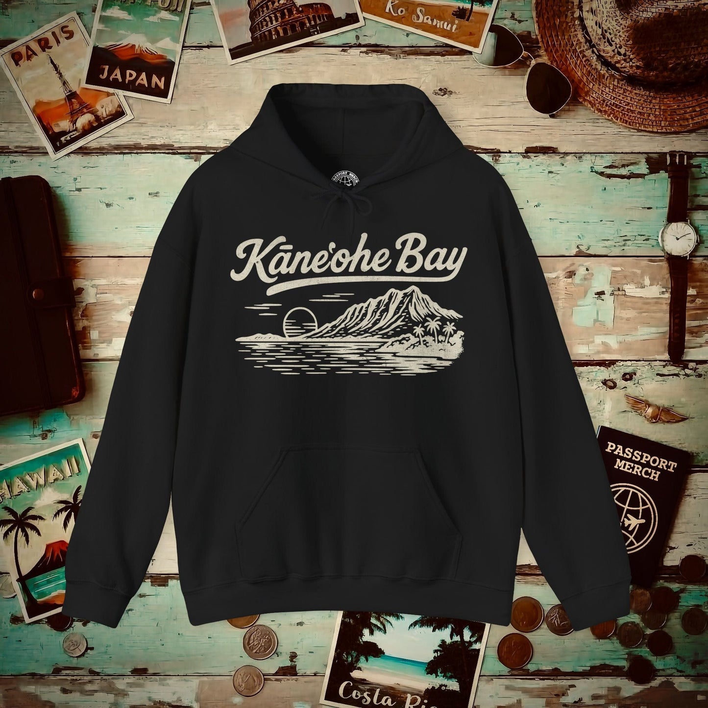 Kaneohe Bay Vintage Monochrome, Hawaii Hoodie Black / S