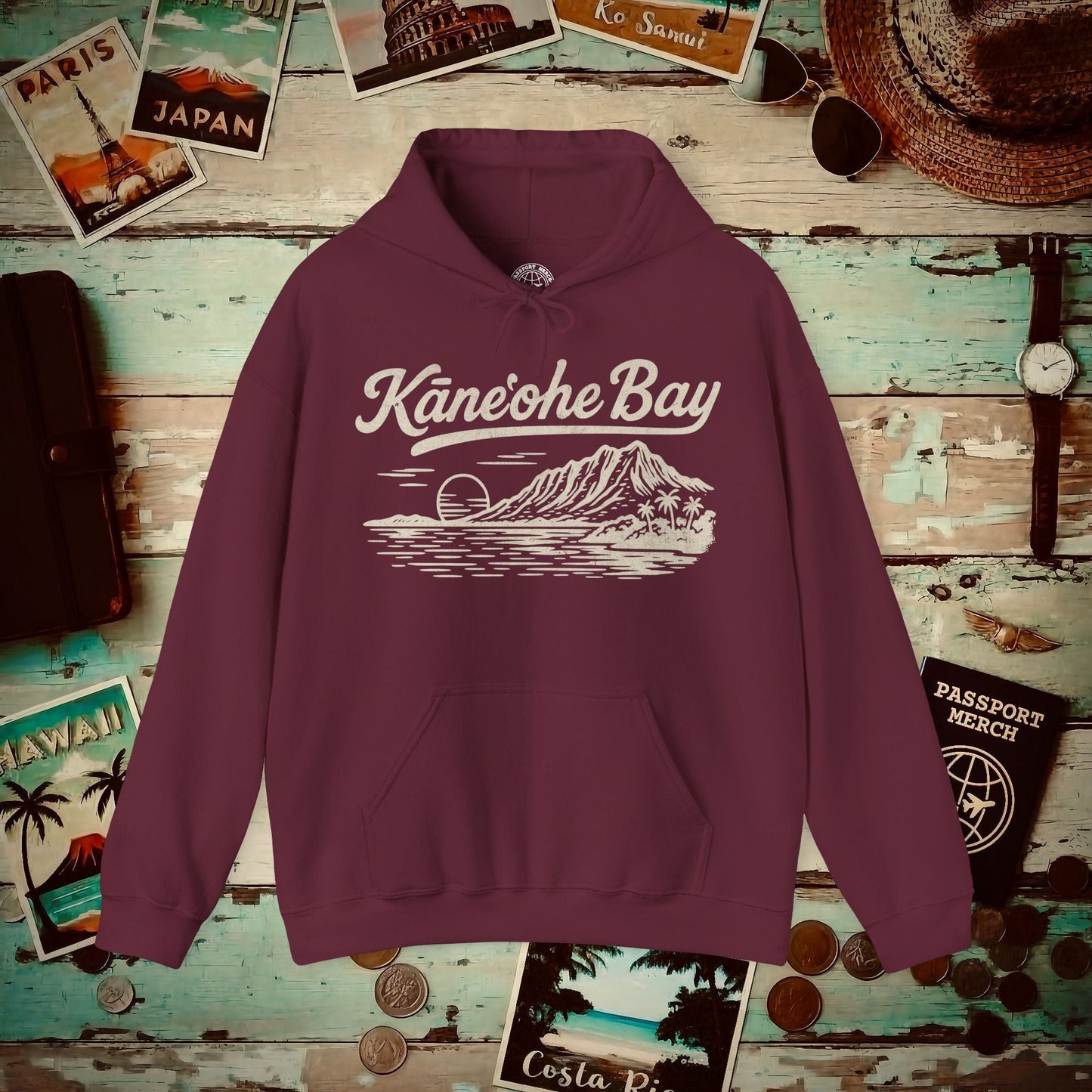 Kaneohe Bay Vintage Monochrome, Hawaii Hoodie Maroon / S