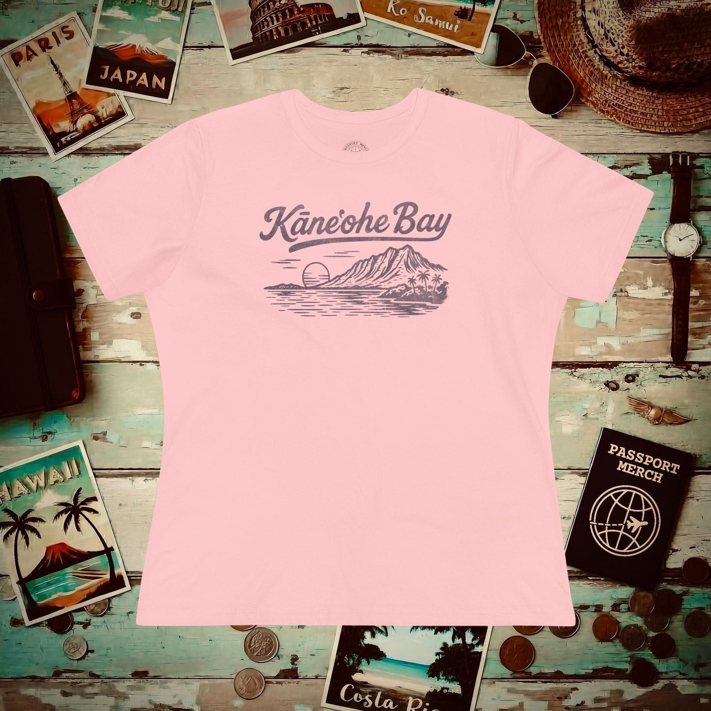 Kaneohe Bay Vintage Monochrome, Hawaii, Womens Fit T-Shirt Pink / S