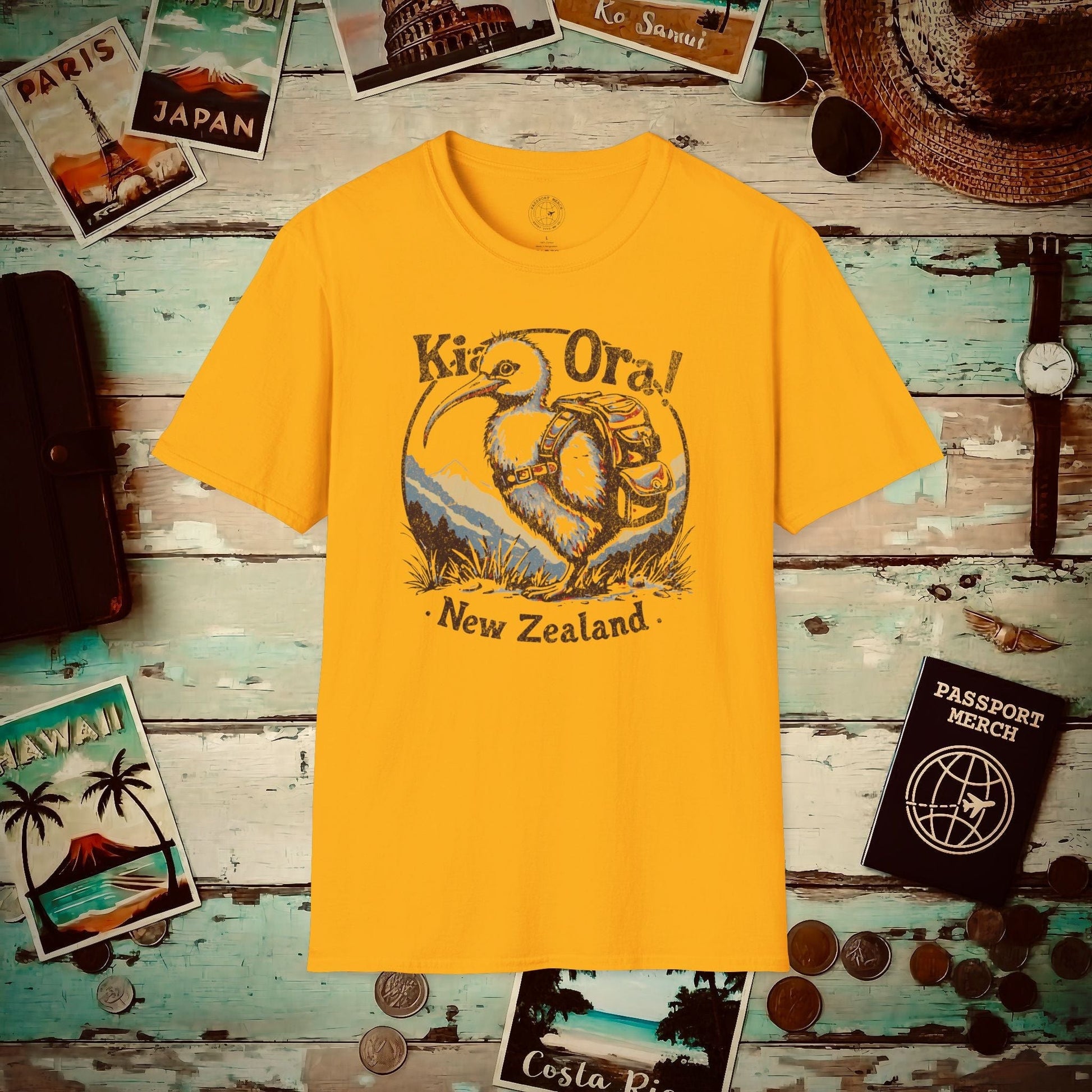 Kia Ora Kiwi, New Zealand T-Shirt Gold / S
