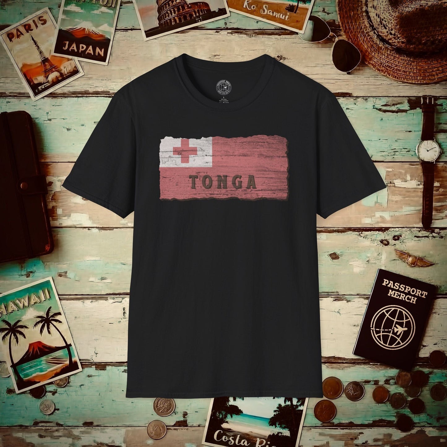 Kingdom of Tonga Woodworked Flag T-Shirt Black / S