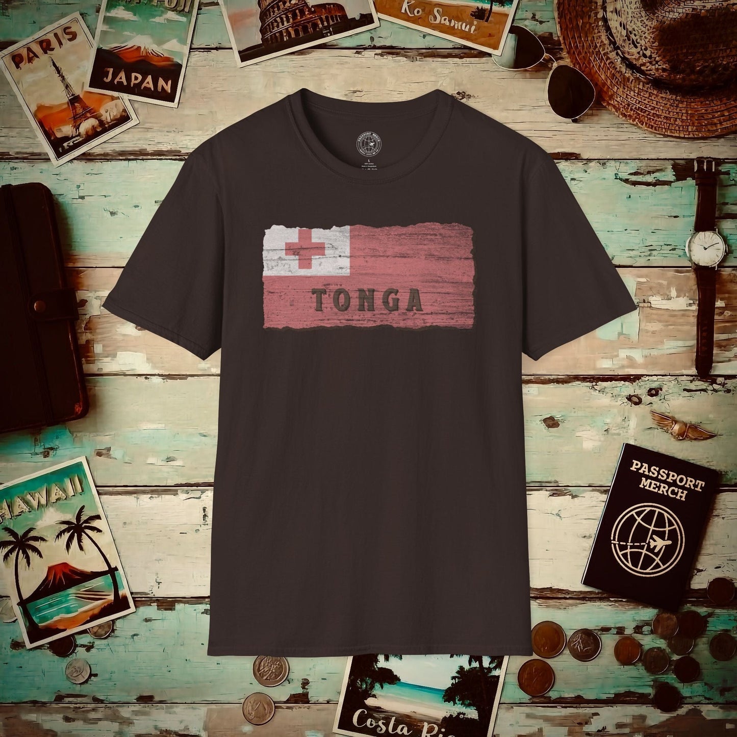 Kingdom of Tonga Woodworked Flag T-Shirt Dark Chocolate / S