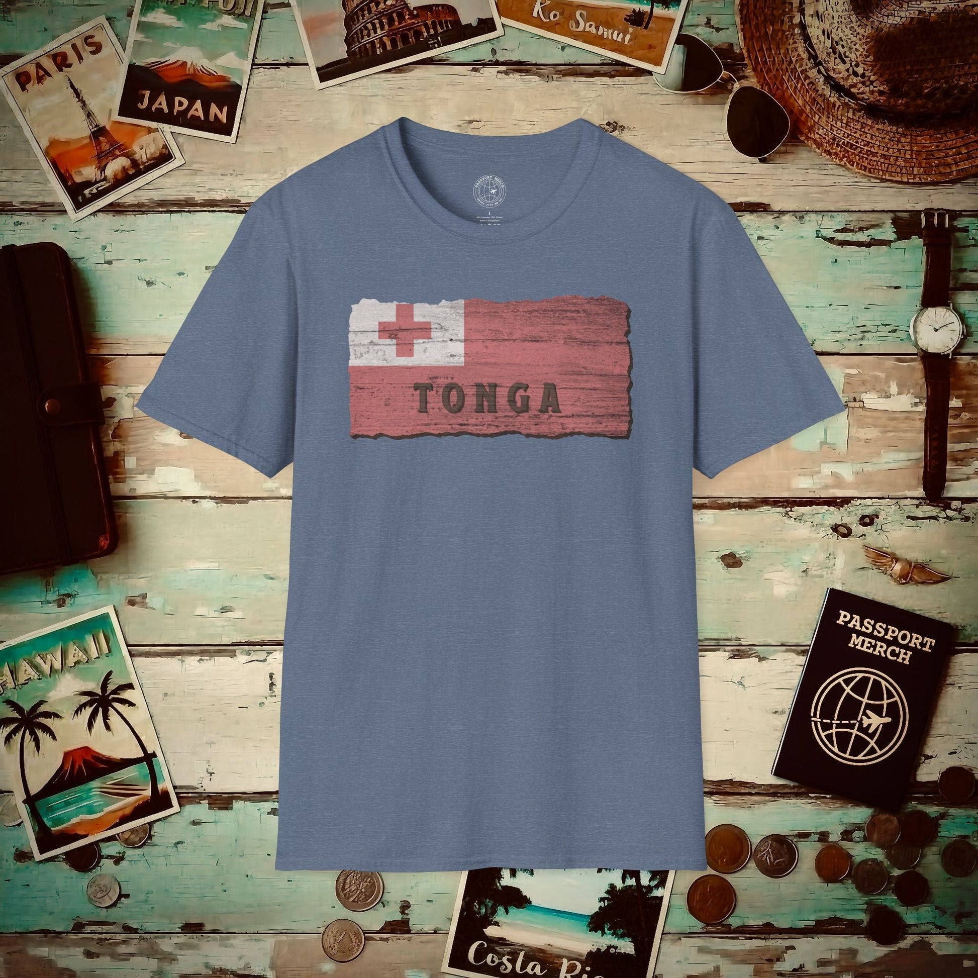 Kingdom of Tonga Woodworked Flag T-Shirt Heather Indigo / S
