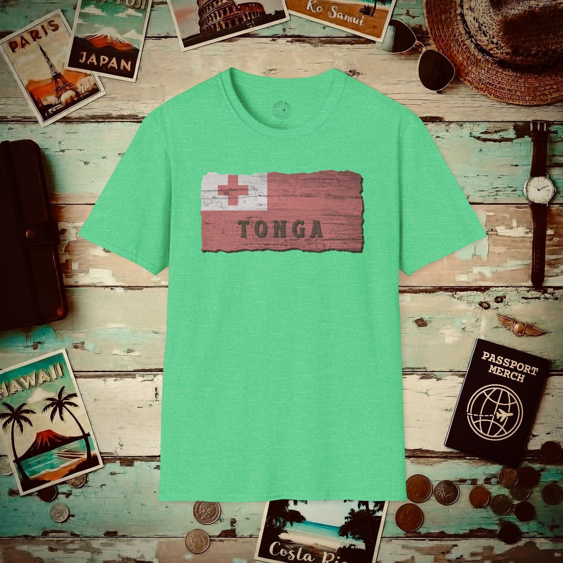 Kingdom of Tonga Woodworked Flag T-Shirt Heather Irish Green / S