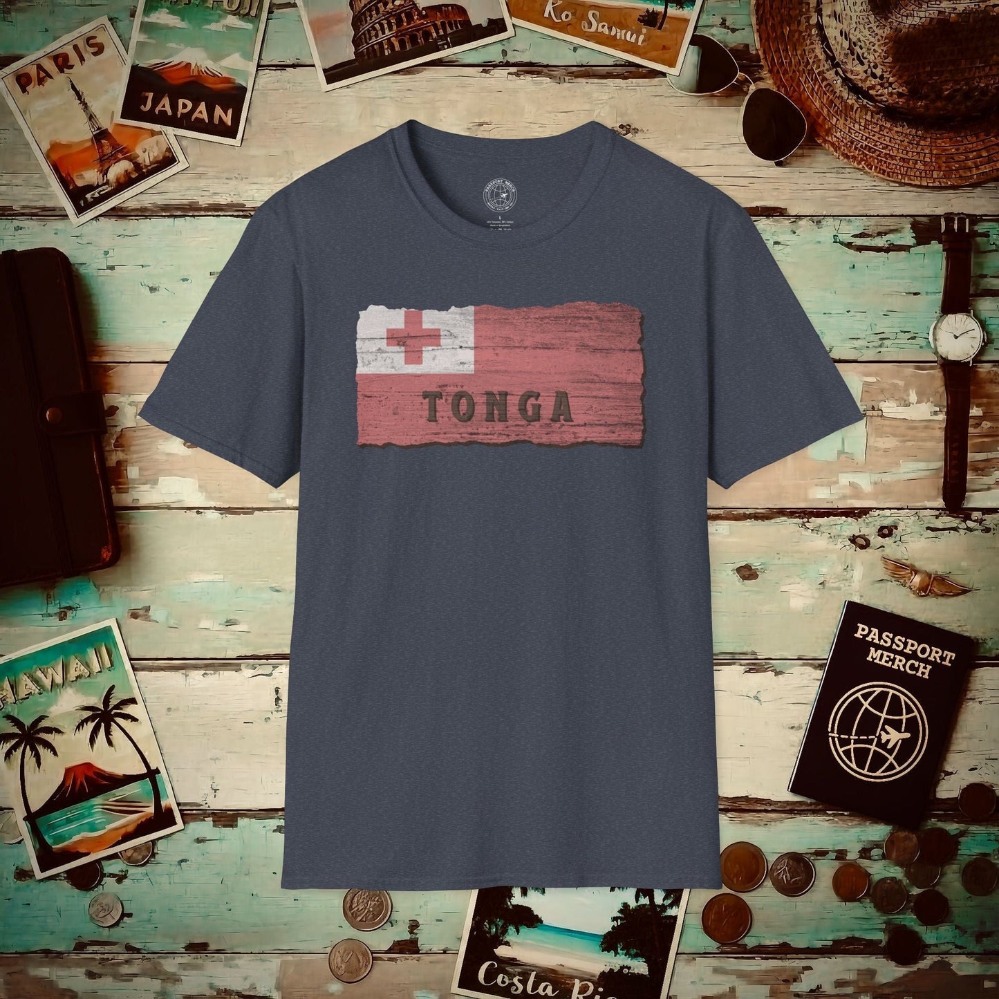 Kingdom of Tonga Woodworked Flag T-Shirt Heather Navy / S