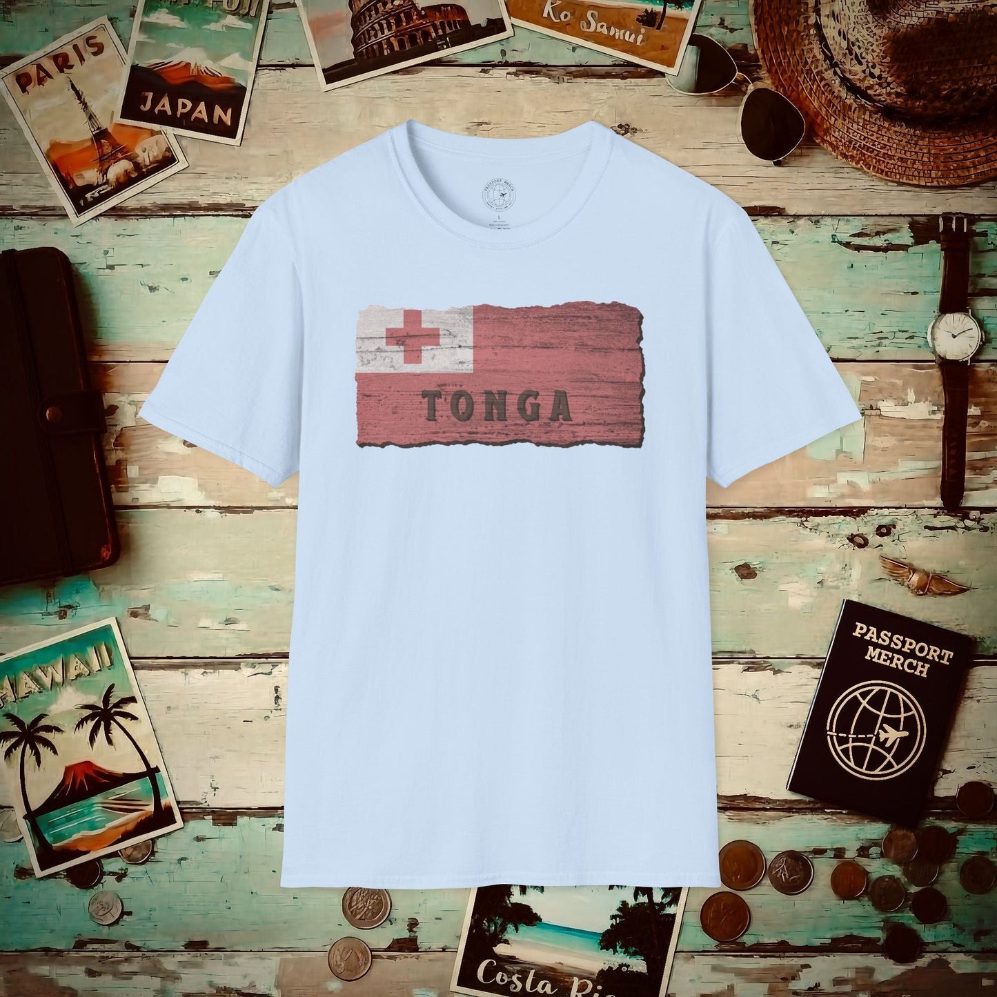 Kingdom of Tonga Woodworked Flag T-Shirt Light Blue / S