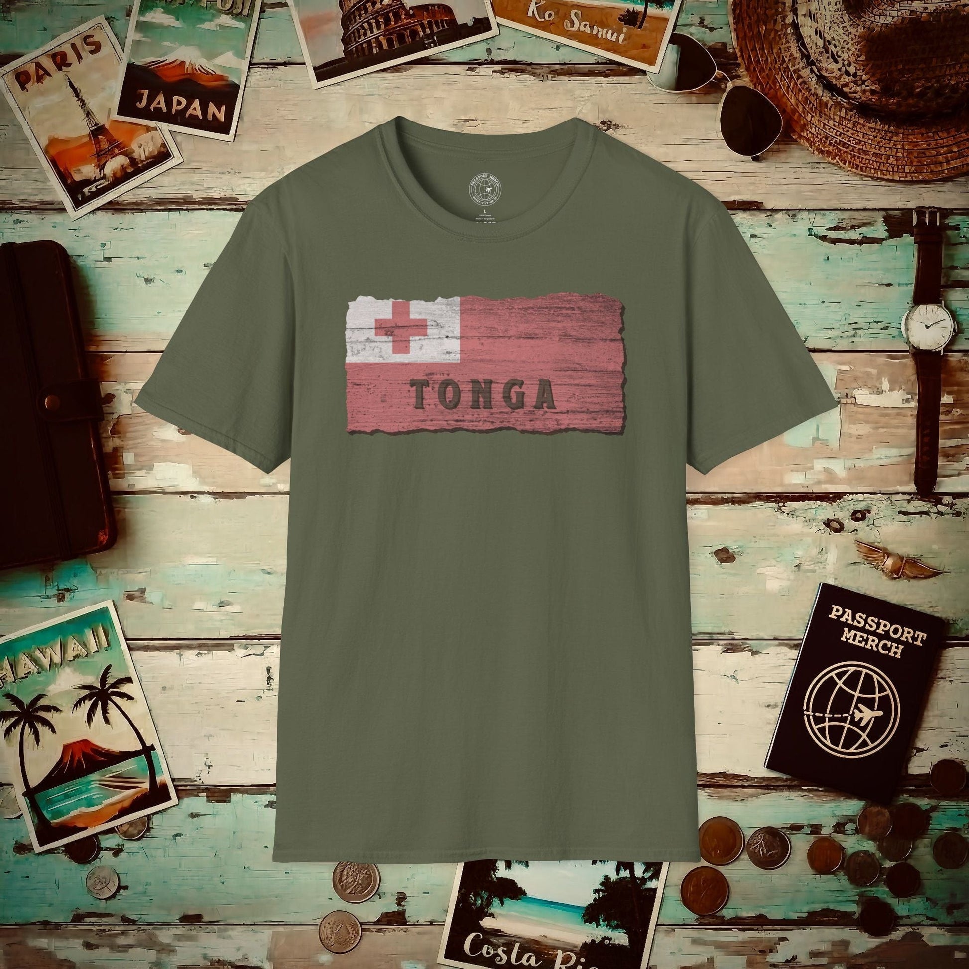 Kingdom of Tonga Woodworked Flag T-Shirt Military Green / S