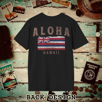 Koa Wood Aloha Hawaiian Flag, Back Print T-Shirt Black / S