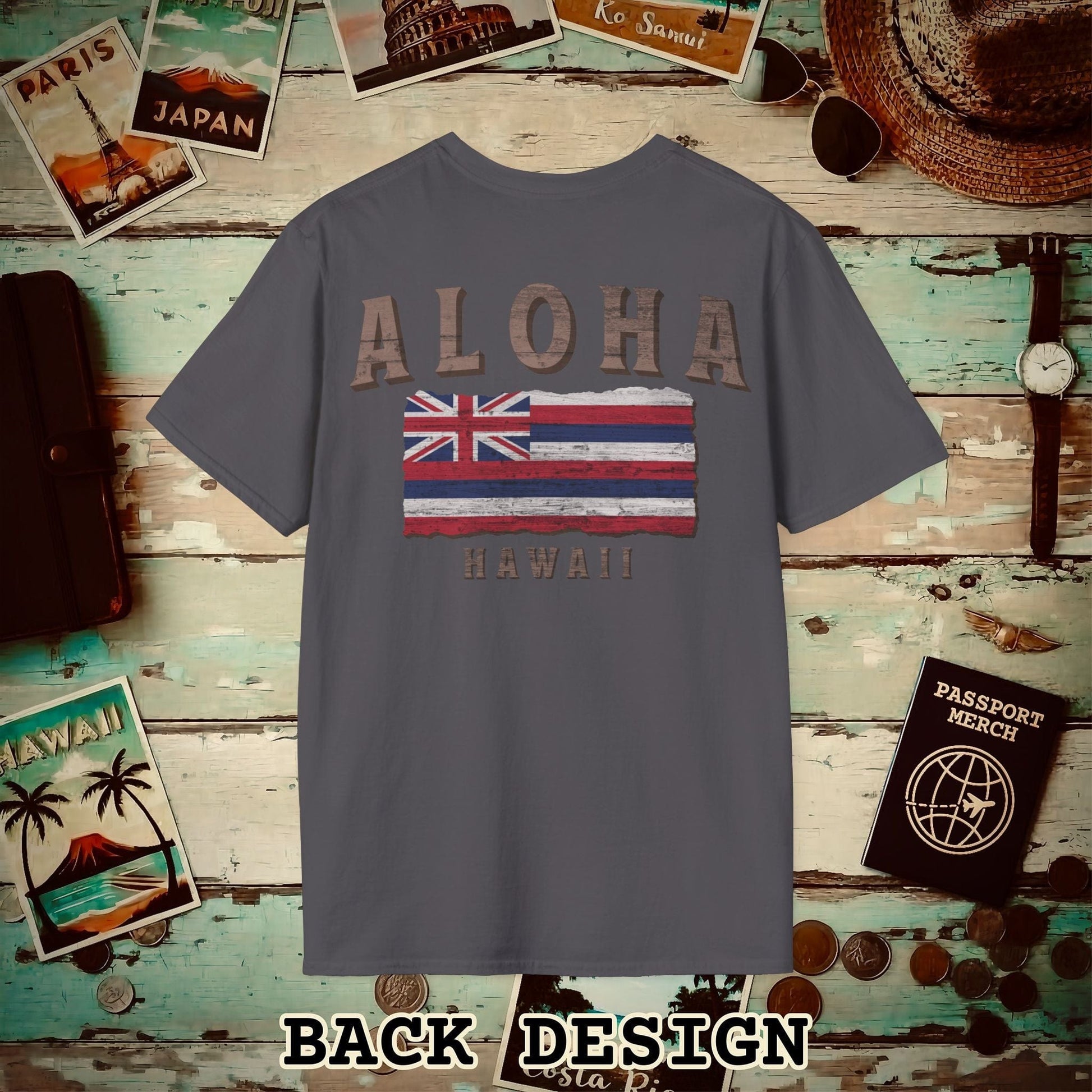 Koa Wood Aloha Hawaiian Flag, Back Print T-Shirt Charcoal / S