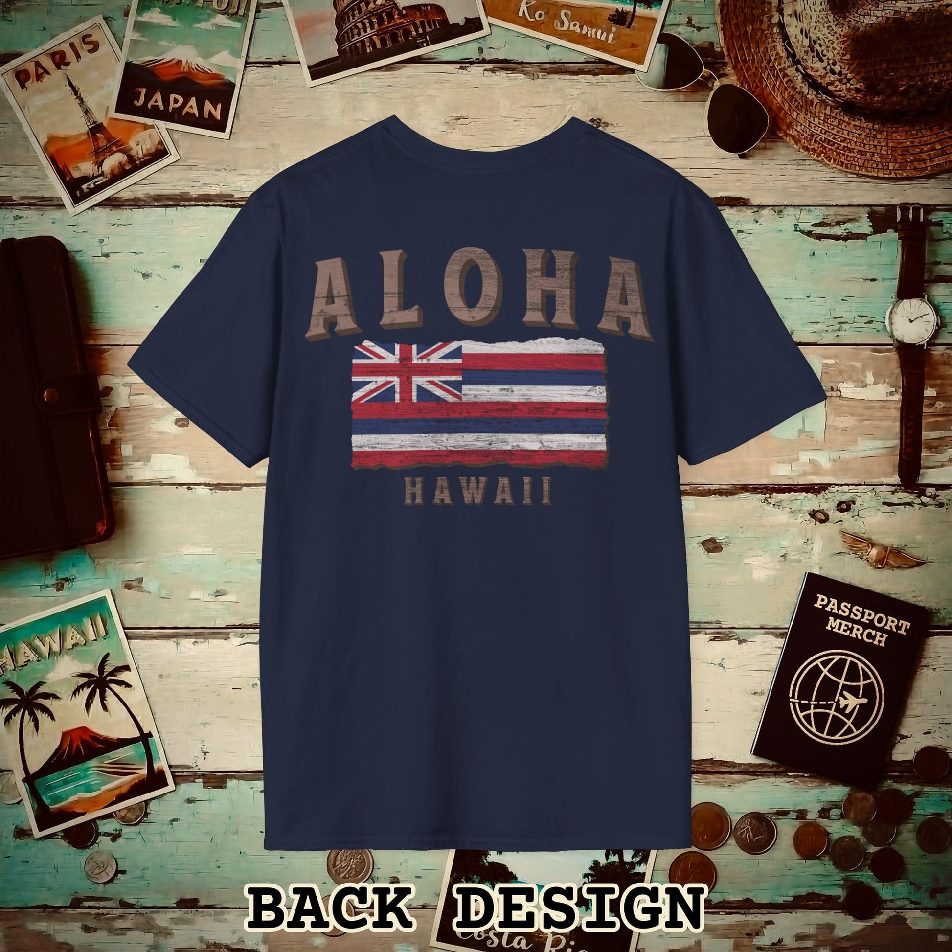 Koa Wood Aloha Hawaiian Flag, Back Print T-Shirt Navy / S