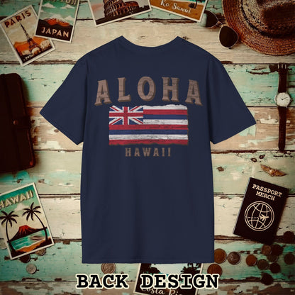 Koa Wood Aloha Hawaiian Flag, Back Print T-Shirt Navy / S